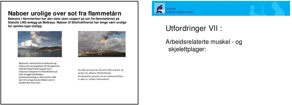 Utfordringer VII : Arbeidsrelaterte muskel - og skjelettplager: Beboerne i Hammerfest er bekymret og Statens forurensingstilsyn lite fornøyd med arbeidet Statoil hittil har gjort for å redusere