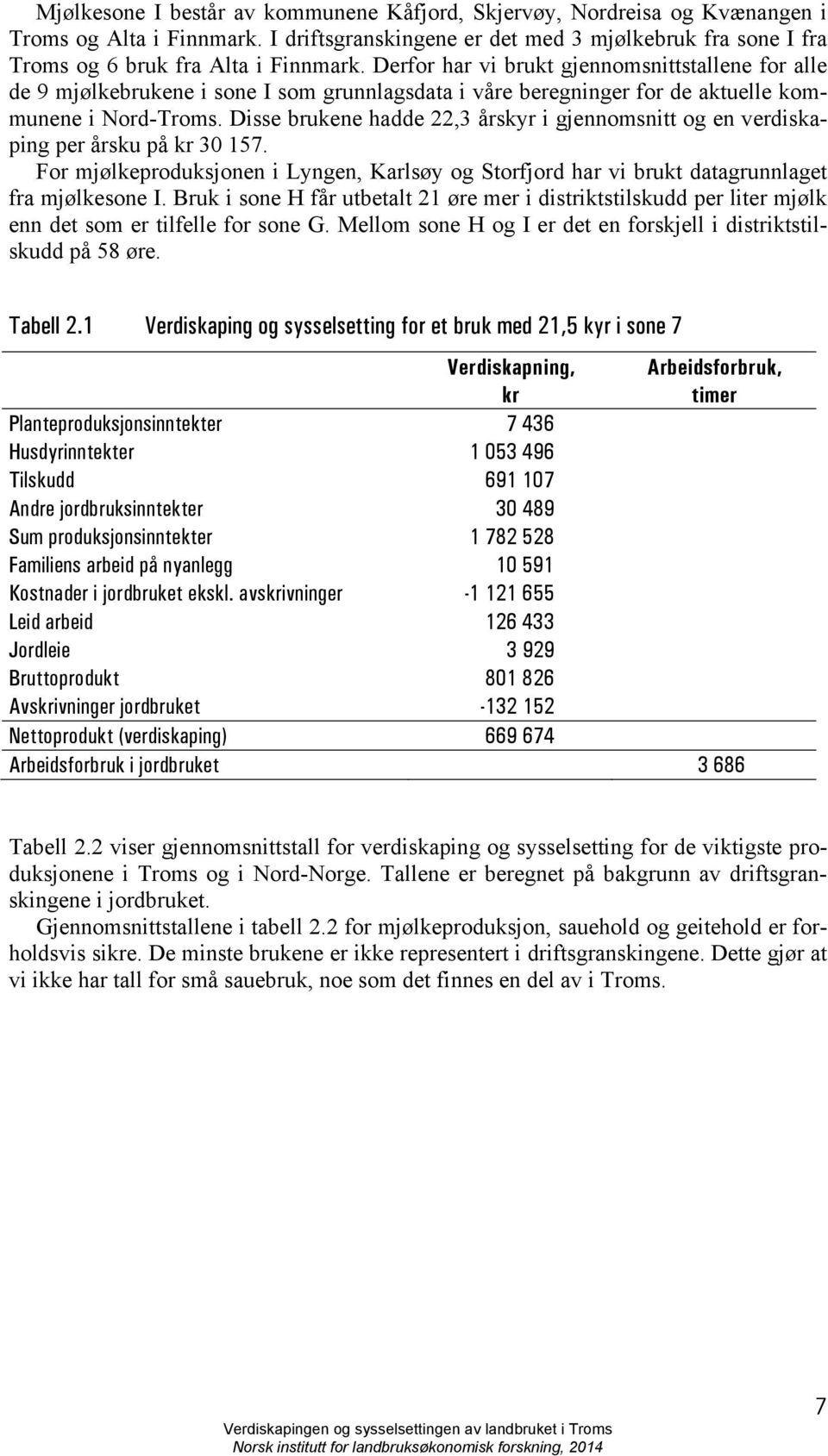 Disse brukene hadde 22,3 årskyr i gjennomsnitt og en verdiskaping per årsku på kr 30 157. For mjølkeproduksjonen i Lyngen, Karlsøy og Storfjord har vi brukt datagrunnlaget fra mjølkesone I.