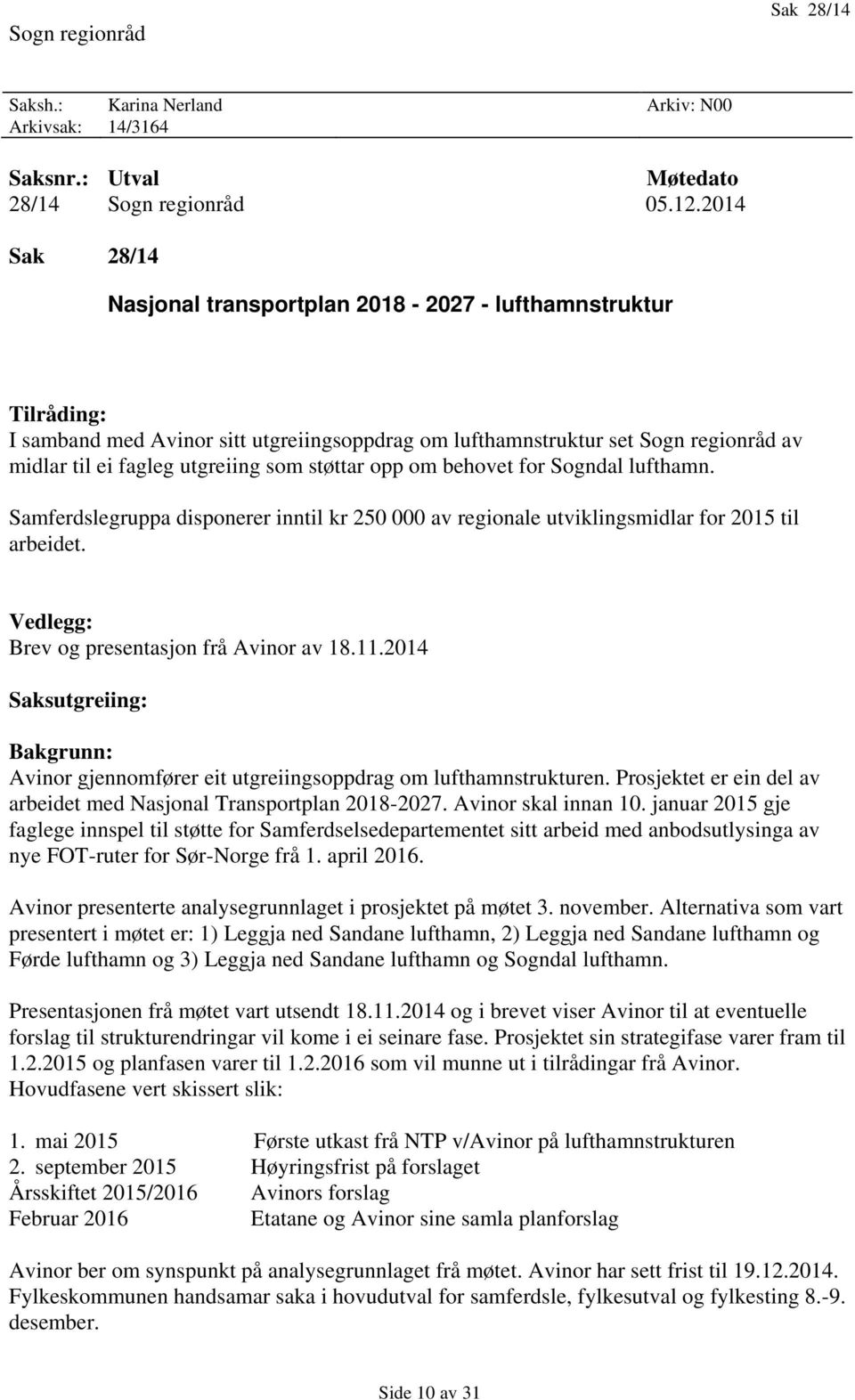 støttar opp om behovet for Sogndal lufthamn. Samferdslegruppa disponerer inntil kr 250 000 av regionale utviklingsmidlar for 2015 til arbeidet. Vedlegg: Brev og presentasjon frå Avinor av 18.11.