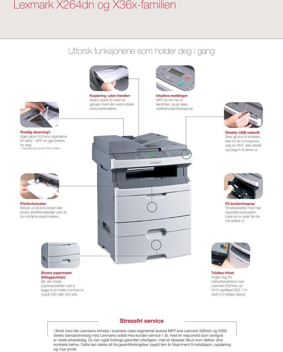 1 Tilgjengelig på Lexmark X36x-modeller Direkte USB-utskrift Bare gå bort til enheten, sett inn en minnepinne, velg en PDF- eller bildefil og begynn å skrive ut.