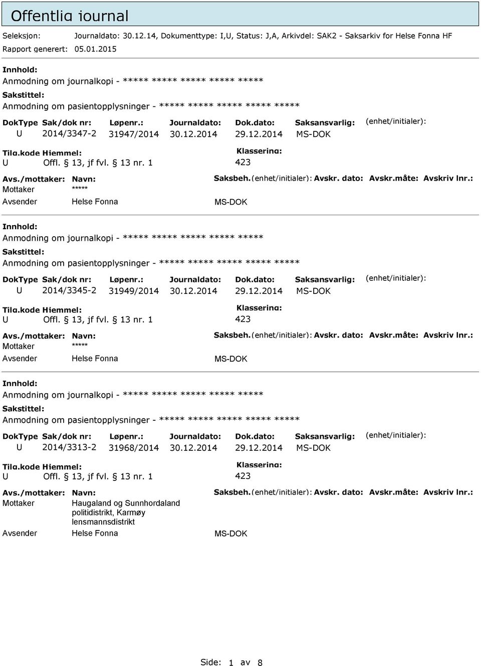 2015 Anmodning om journalkopi - ***** ***** ***** ***** ***** ***** 2014/3347-2 31947/2014 Anmodning om journalkopi -