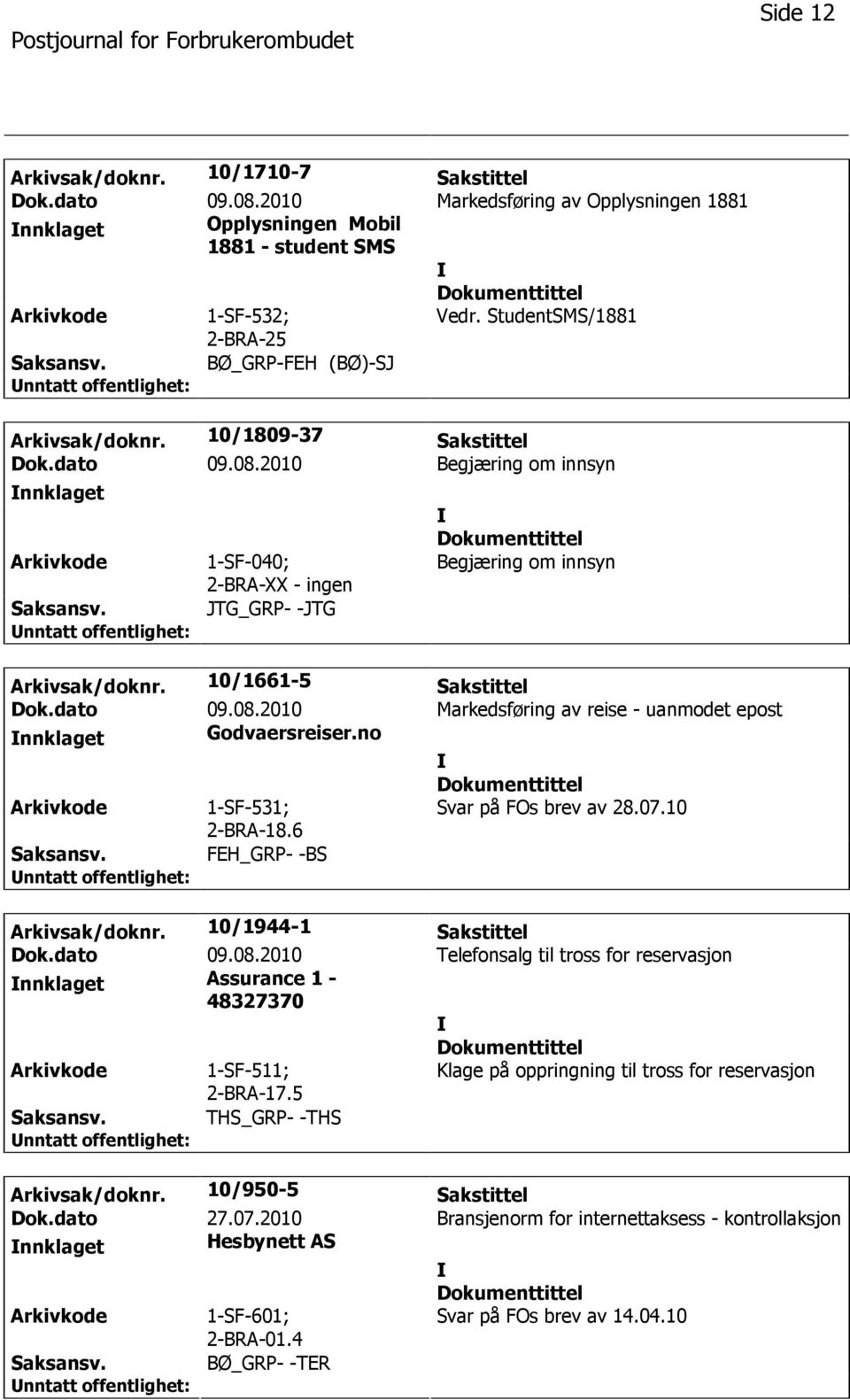 10/1661-5 Sakstittel Dok.dato 09.08.2010 Markedsføring av reise - uanmodet epost nnklaget Godvaersreiser.no 1-SF-531; 2-BRA-18.6 Svar på FOs brev av 28.07.10 FEH_GRP- -BS Arkivsak/doknr.