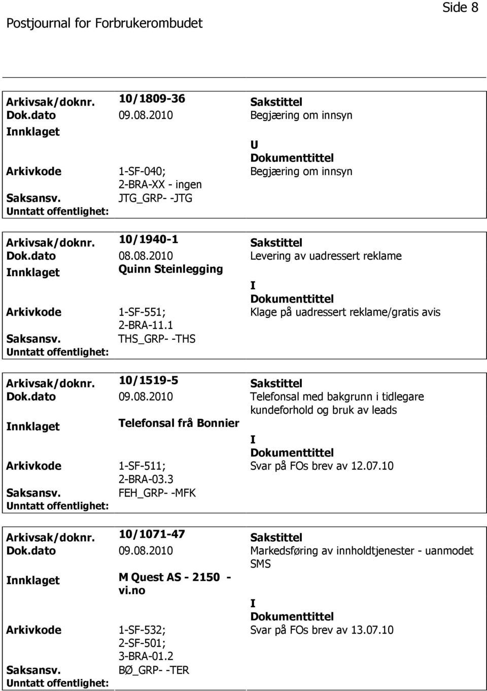 10/1519-5 Sakstittel Dok.dato 09.08.2010 Telefonsal med bakgrunn i tidlegare kundeforhold og bruk av leads nnklaget Telefonsal frå Bonnier 1-SF-511; 2-BRA-03.3 Svar på FOs brev av 12.07.