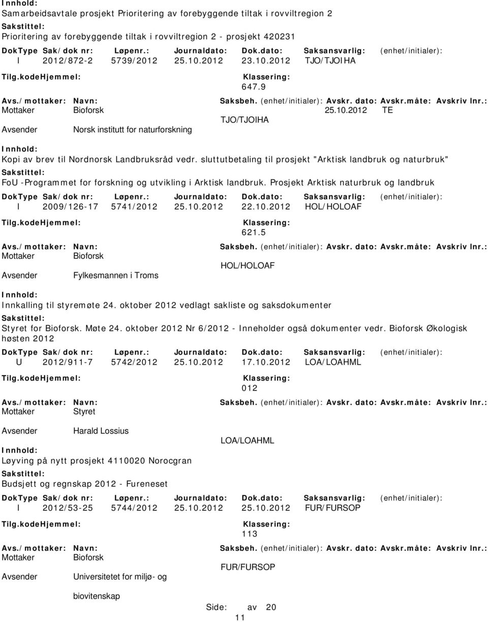 sluttutbetaling til prosjekt "Arktisk landbruk og naturbruk" FoU -Programmet for forskning og utvikling i Arktisk landbruk. Prosjekt Arktisk naturbruk og landbruk I 2009/126-17 5741/2012 25.10.