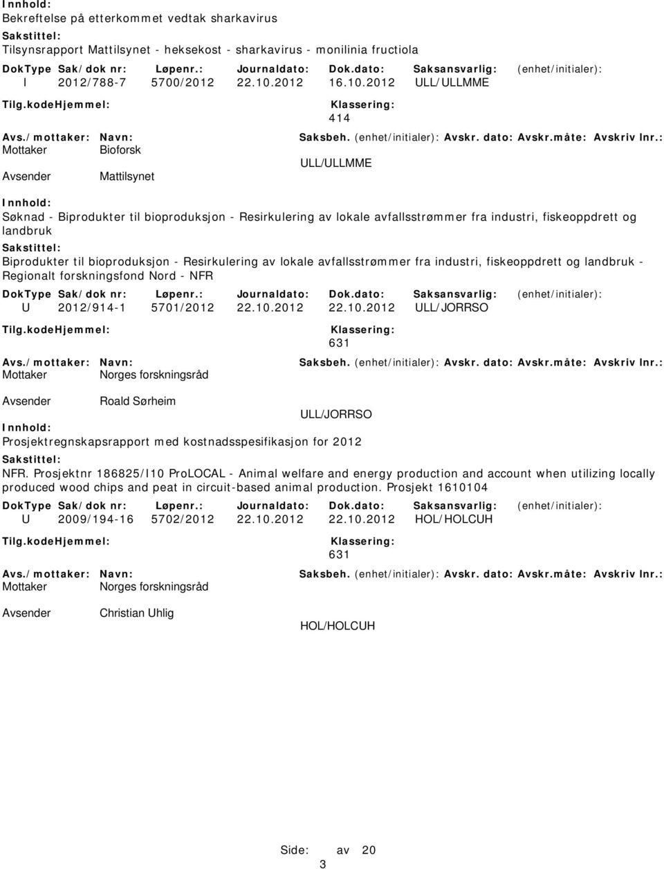 2012 ULL/ULLMME 414 ULL/ULLMME Mattilsynet Søknad - Biprodukter til bioproduksjon - Resirkulering av lokale avfallsstrømmer fra industri, fiskeoppdrett og landbruk Biprodukter til bioproduksjon -