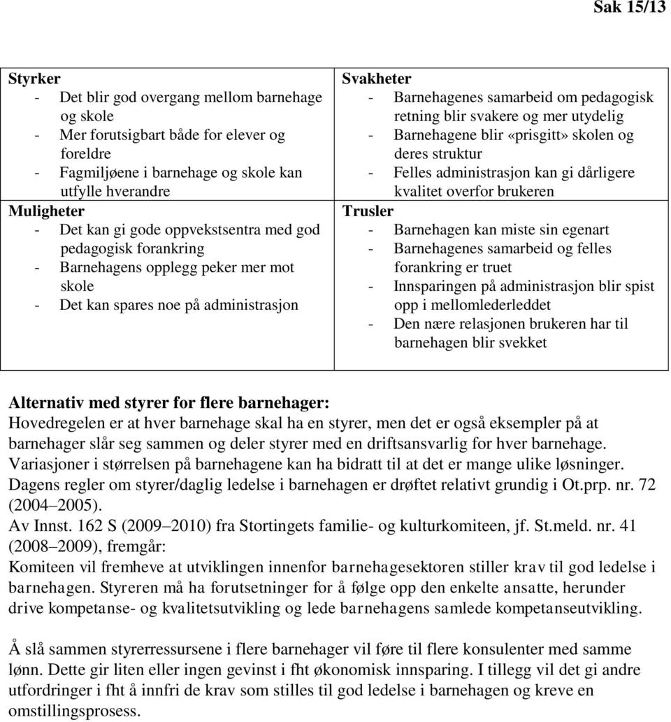 mer utydelig - Barnehagene blir «prisgitt» skolen og deres struktur - Felles administrasjon kan gi dårligere kvalitet overfor brukeren Trusler - Barnehagen kan miste sin egenart - Barnehagenes