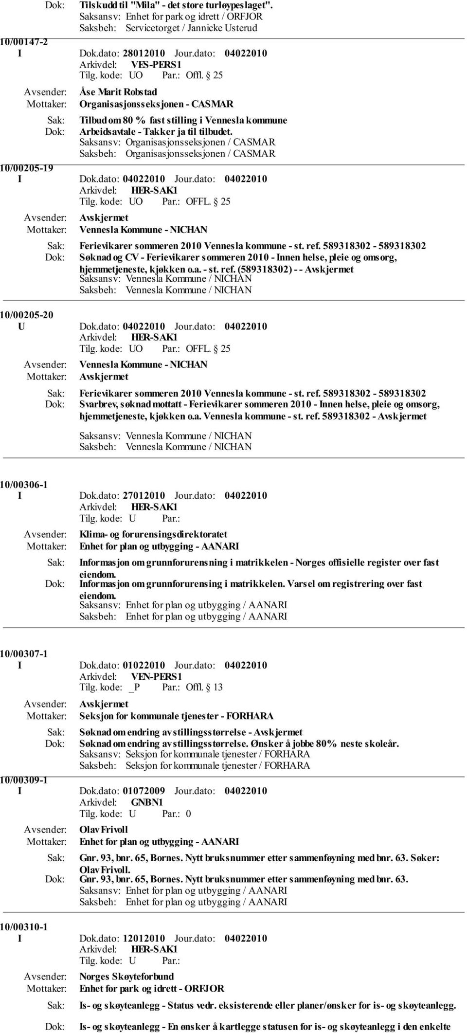 Saksansv: Organisasjonsseksjonen / CASMAR Saksbeh: Organisasjonsseksjonen / CASMAR 10/00205-19 I Dok.dato: Jour.dato: Vennesla Kommune - NICHAN Ferievikarer sommeren 2010 Vennesla kommune - st. ref.