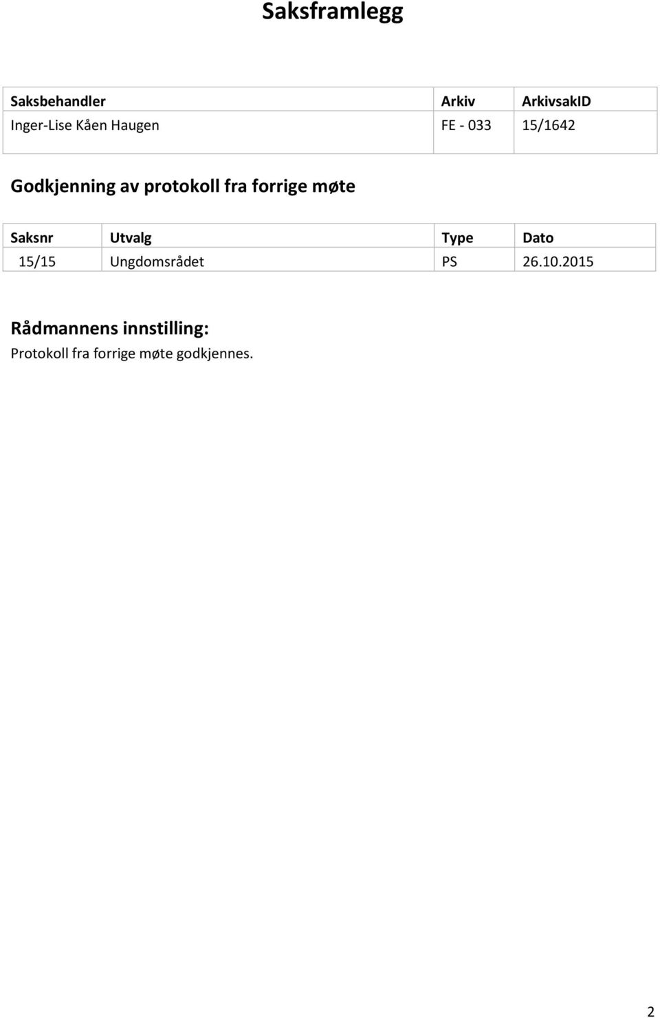 møte Saksnr Utvalg Type Dato 15/15 Ungdomsrådet PS 26.10.