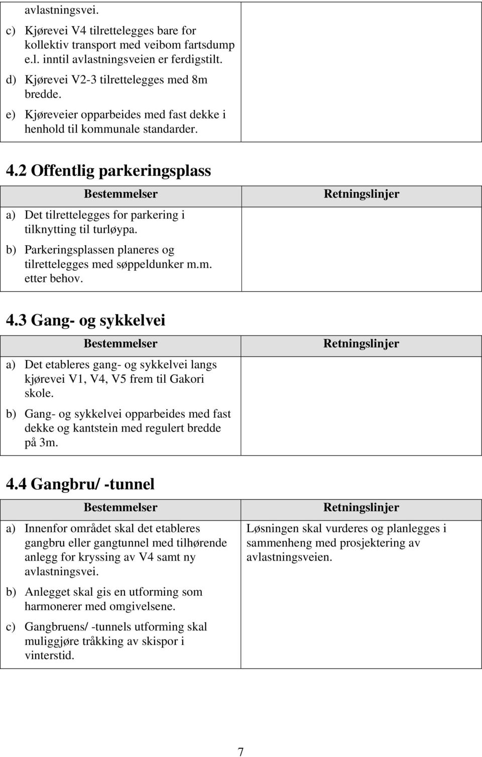 b) Parkeringsplassen planeres og tilrettelegges med søppeldunker m.m. etter behov. 4.3 Gang- og sykkelvei a) Det etableres gang- og sykkelvei langs kjørevei V1, V4, V5 frem til Gakori skole.