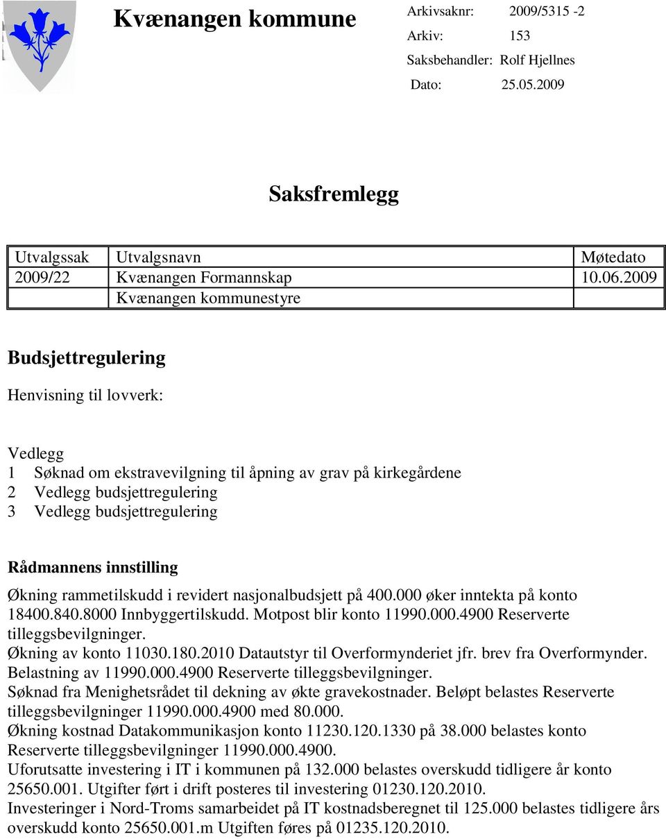 budsjettregulering Rådmannens innstilling Økning rammetilskudd i revidert nasjonalbudsjett på 400.000 øker inntekta på konto 18400.840.8000 Innbyggertilskudd. Motpost blir konto 11990.000.4900 Reserverte tilleggsbevilgninger.