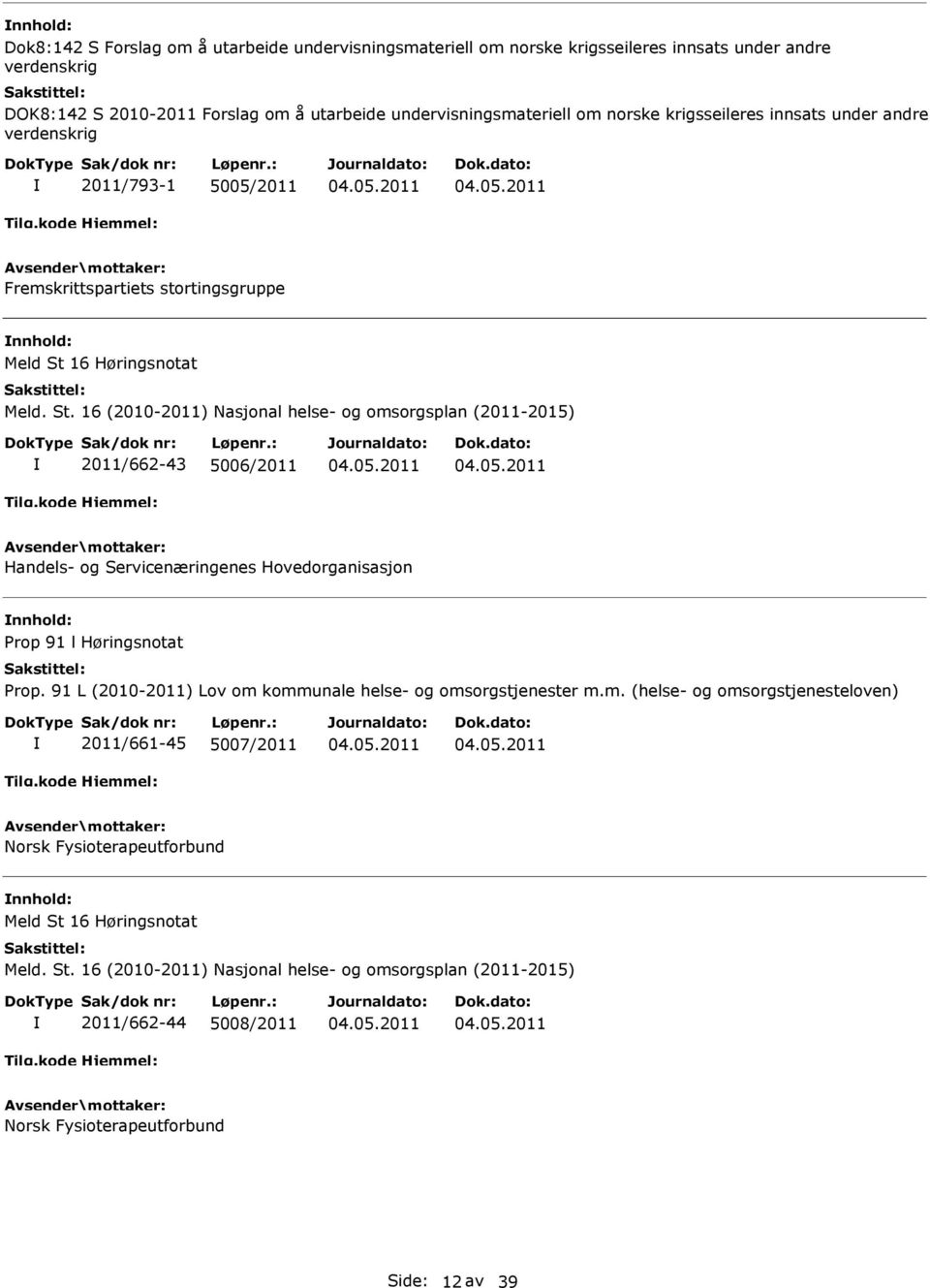 Fremskrittspartiets stortingsgruppe nnhold: 2011/662-43 5006/2011 Handels- og Servicenæringenes Hovedorganisasjon nnhold: Prop 91 l
