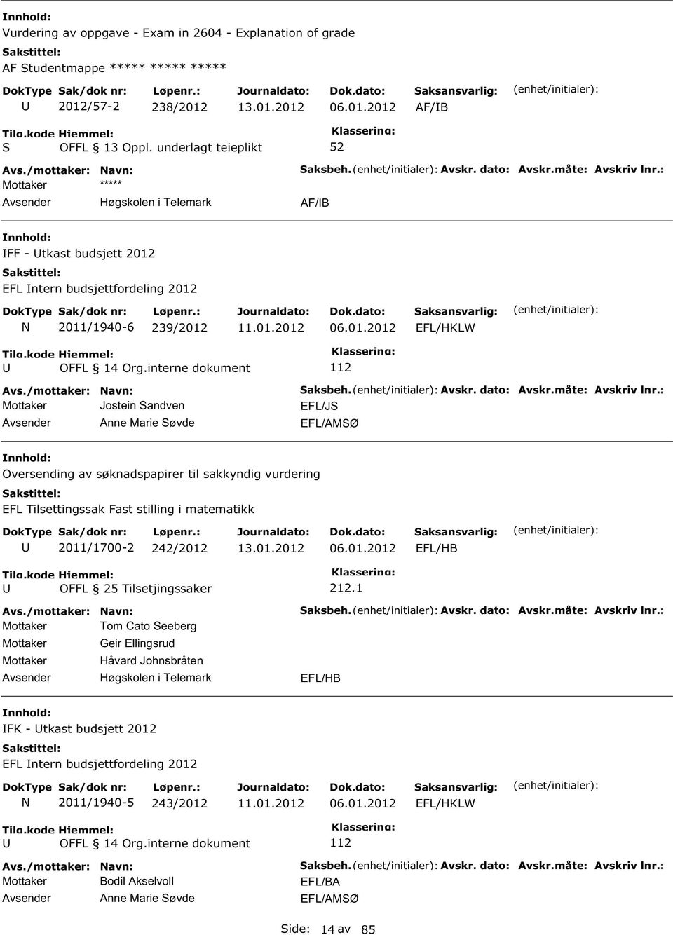 måte: Avskriv lnr.: EFL/J EFL/AMØ Oversending av søknadspapirer til sakkyndig vurdering EFL Tilsettingssak Fast stilling i matematikk 2011/1700-2 242/2012 06.01.2012 EFL/HB 212.