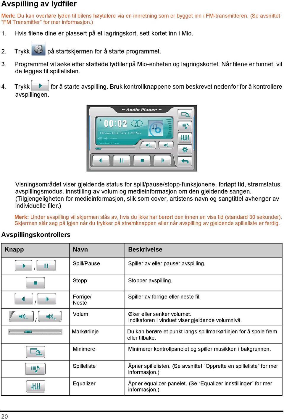 Programmet vil søke etter støttede lydfiler på Mio-enheten og lagringskortet. Når filene er funnet, vil de legges til spillelisten. 4. Trykk for å starte avspilling.