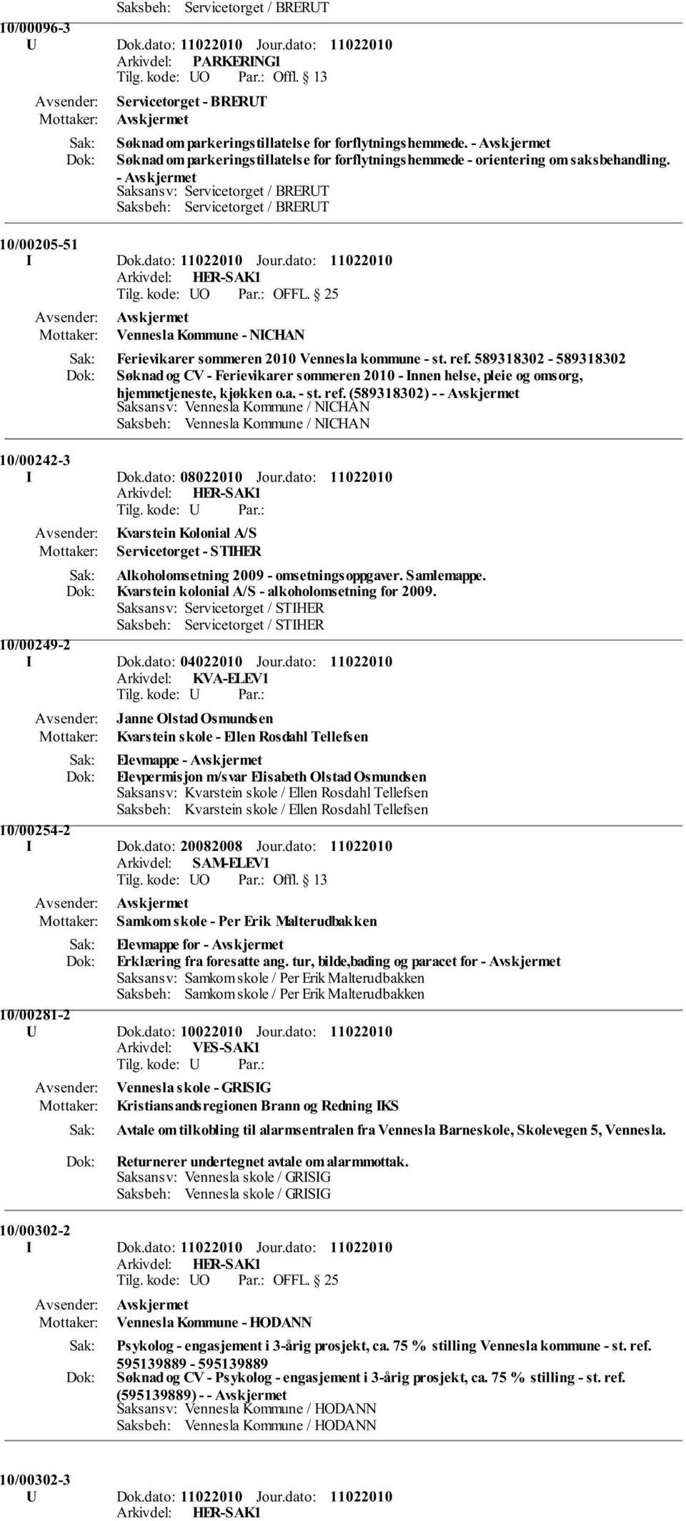 dato: Vennesla Kommune - NICHAN Ferievikarer sommeren 2010 Vennesla kommune - st. ref.