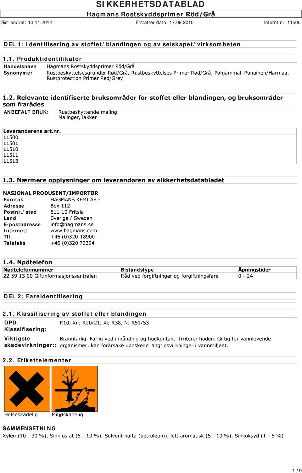 11500 11501 11510 11511 11513 1.3. Nærmere opplysninger om leverandøren av sikkerhetsdatabladet NASJONAL PRODUSENT/IMPORTØR Foretak HAGMANS KEMI AB - Adresse Box 112 Postnr.