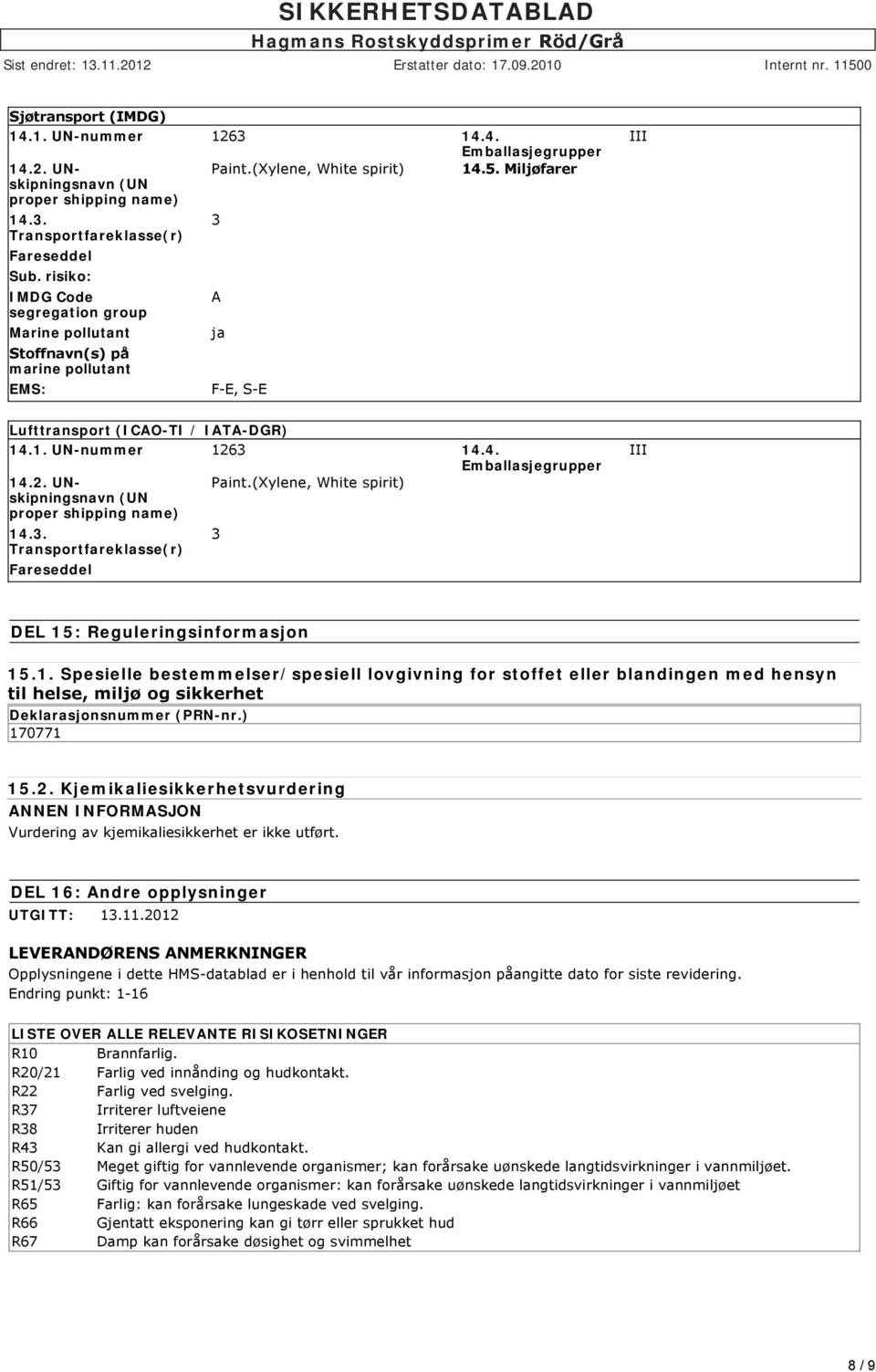 (Xylene, White spirit) (UN proper shipping name) 14.3. Transportfareklasse(r) Fareseddel 3 III DEL 15: Reguleringsinformasjon 15.1. Spesielle bestemmelser/spesiell lovgivning for stoffet eller blandingen med hensyn til helse, miljø og sikkerhet Deklarasjonsnummer (PRN-nr.