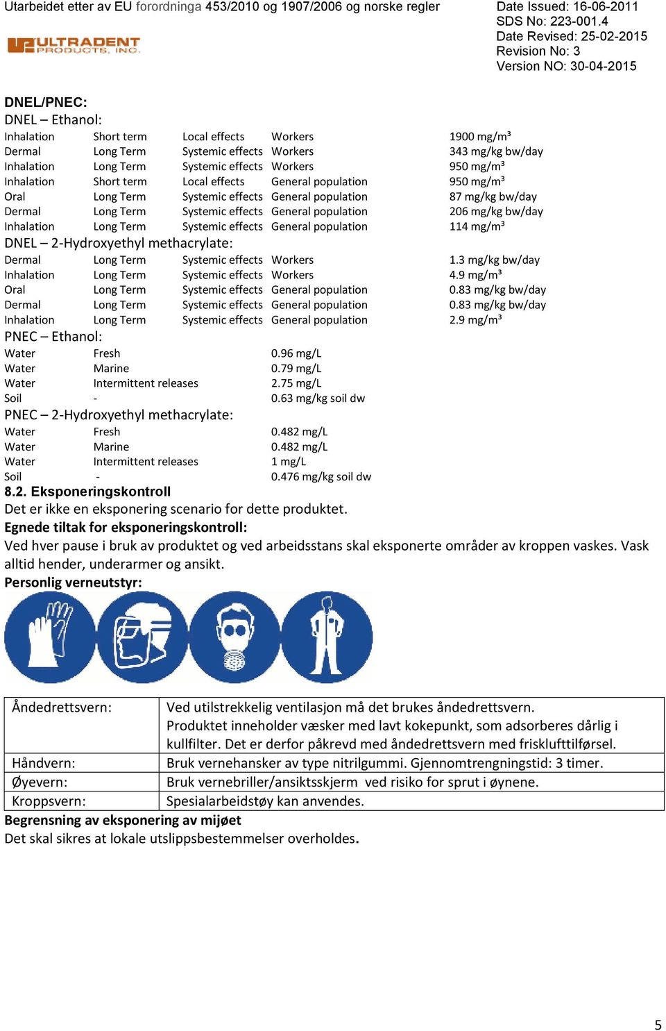 Long Term Systemic effects Workers 950 mg/m³ Inhalation Short term Local effects General population 950 mg/m³ Oral Long Term Systemic effects General population 87 mg/kg bw/day Dermal Long Term