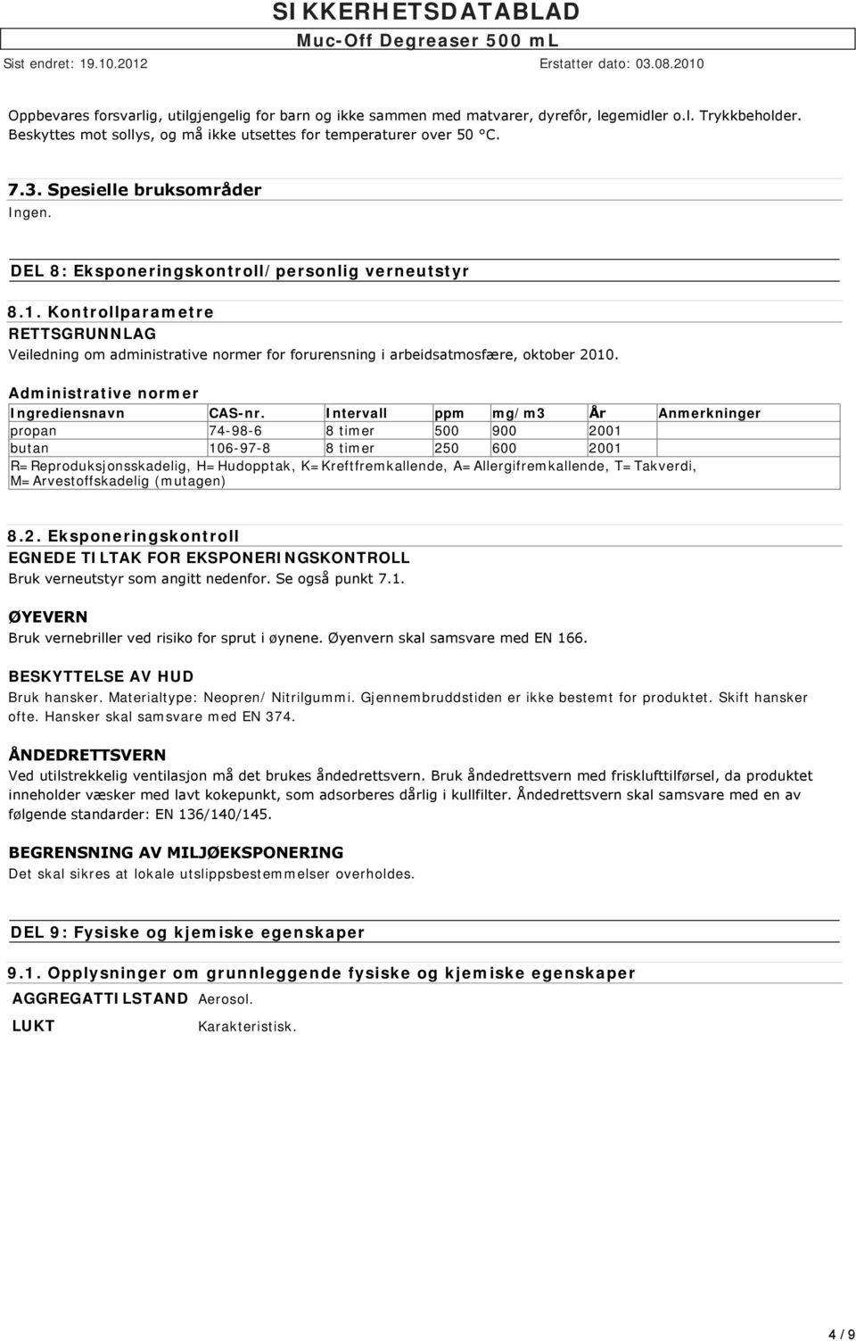 Kontrollparametre RETTSGRUNNLAG Veiledning om administrative normer for forurensning i arbeidsatmosfære, oktober 2010. Administrative normer Ingrediensnavn CASnr.