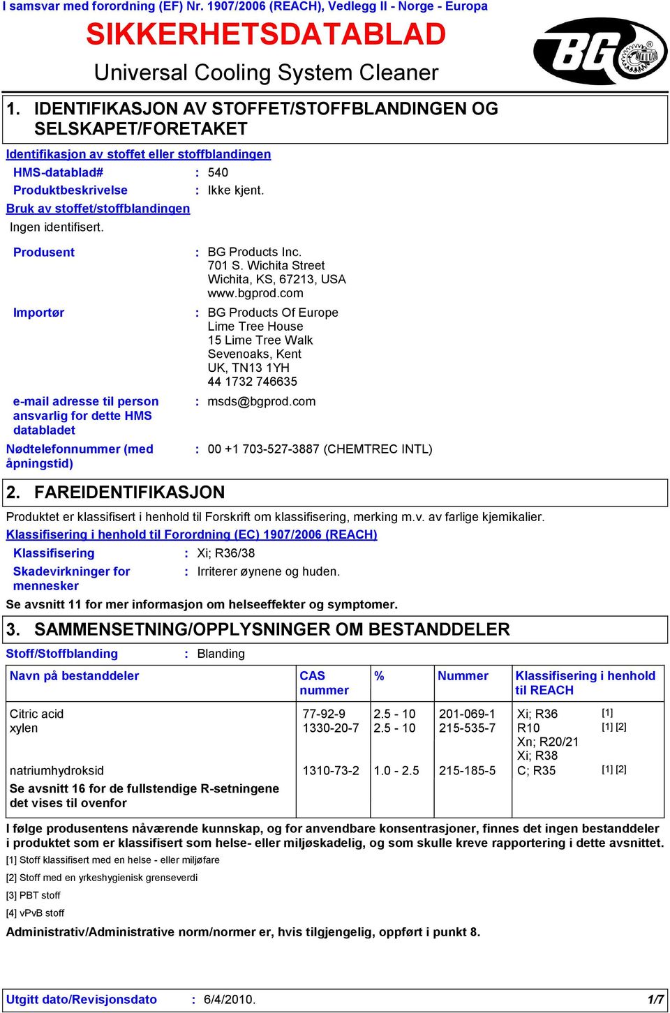 Produktbeskrivelse Ikke kjent. Bruk av stoffet/stoffblandingen Ingen identifisert. Produsent Importør email adresse til person ansvarlig for dette HMS databladet Nødtelefonnummer (med åpningstid) 2.