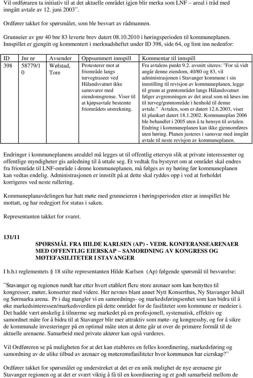 Innspillet er gjengitt og kommentert i merknadsheftet under ID 398, side 64, og limt inn nedenfor: ID Jnr nr Avsender Oppsummert innspill Kommentar til innspill 398 58779/1 Wølstad, 0 Tore