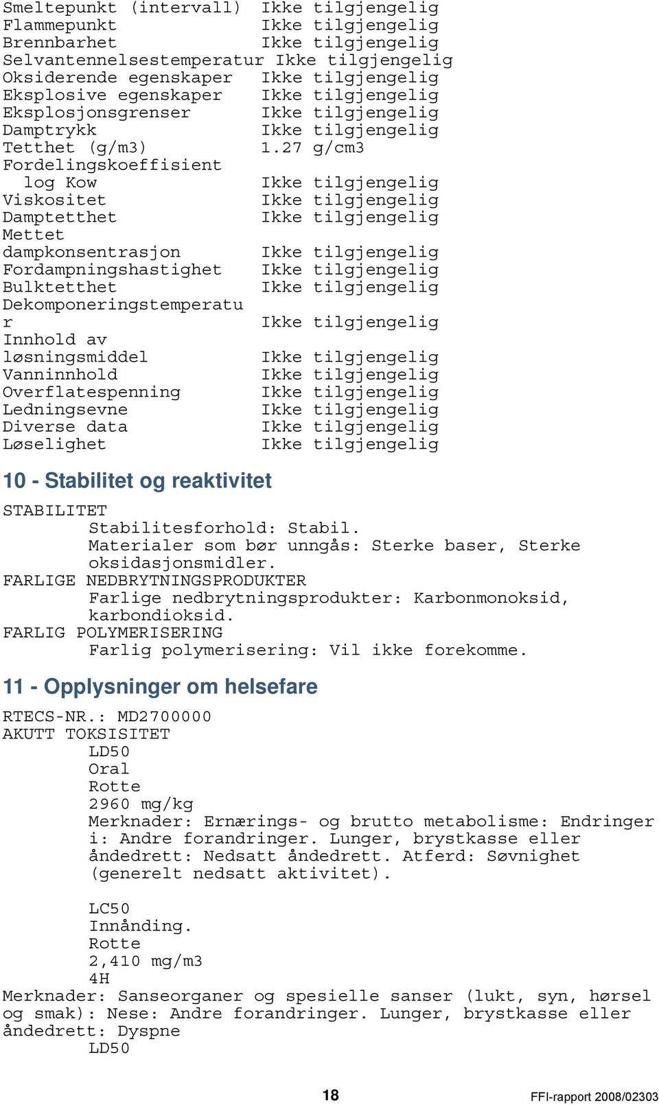 Diverse data Løselighet 10 - Stabilitet og reaktivitet STABILITET Stabilitesforhold: Stabil. Materialer som bør unngås: Sterke baser, Sterke oksidasjonsmidler.