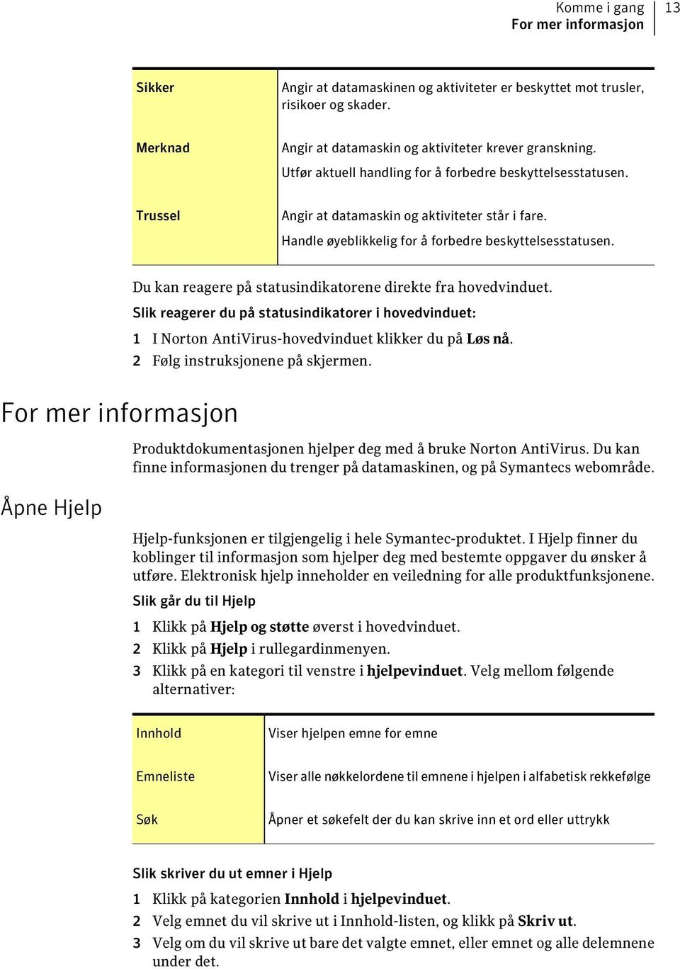 Du kan reagere på statusindikatorene direkte fra hovedvinduet. Slik reagerer du på statusindikatorer i hovedvinduet: 1 I Norton AntiVirus-hovedvinduet klikker du på Løs nå.