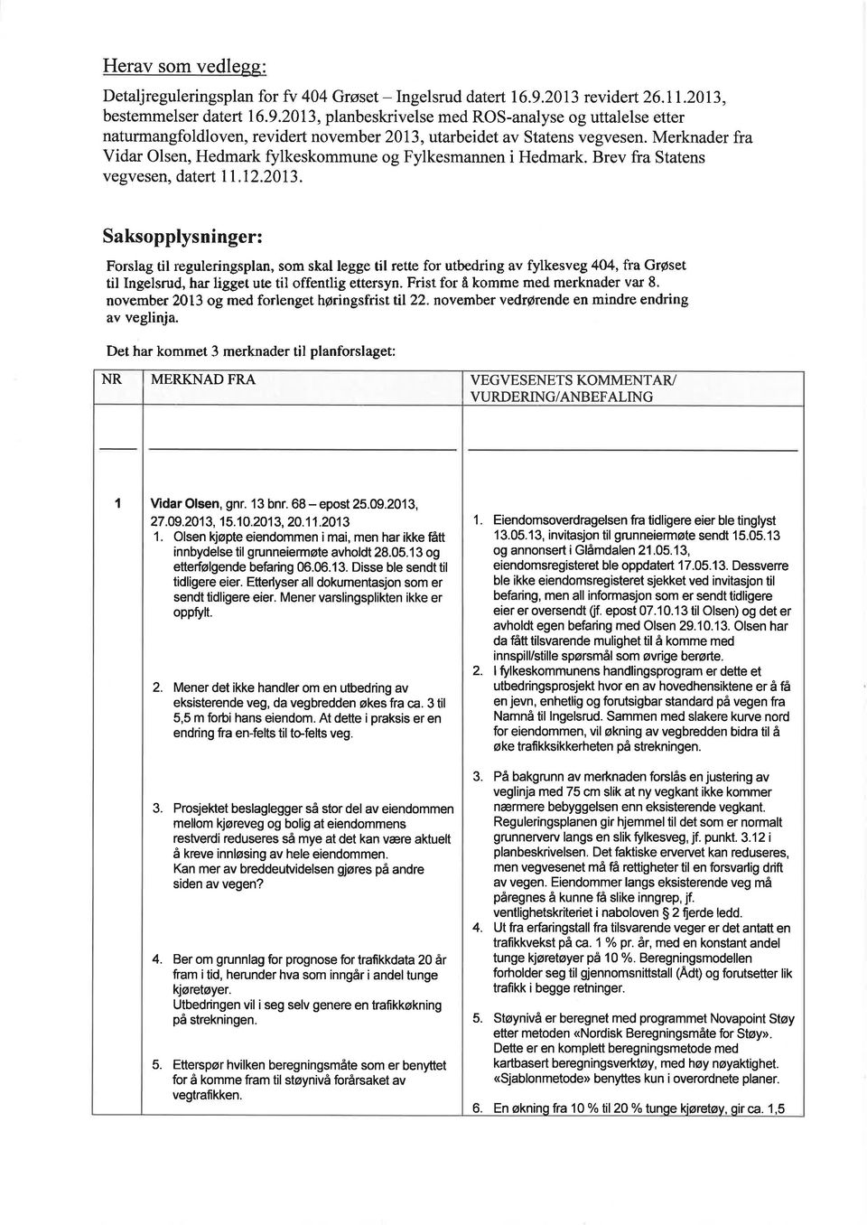 Merknader fra Vidar Olsen, Hedmark fylkeskommune og Fylkesmannen i Hedmark. Brev fra Statens vegvesen, datert 11.12.2013.