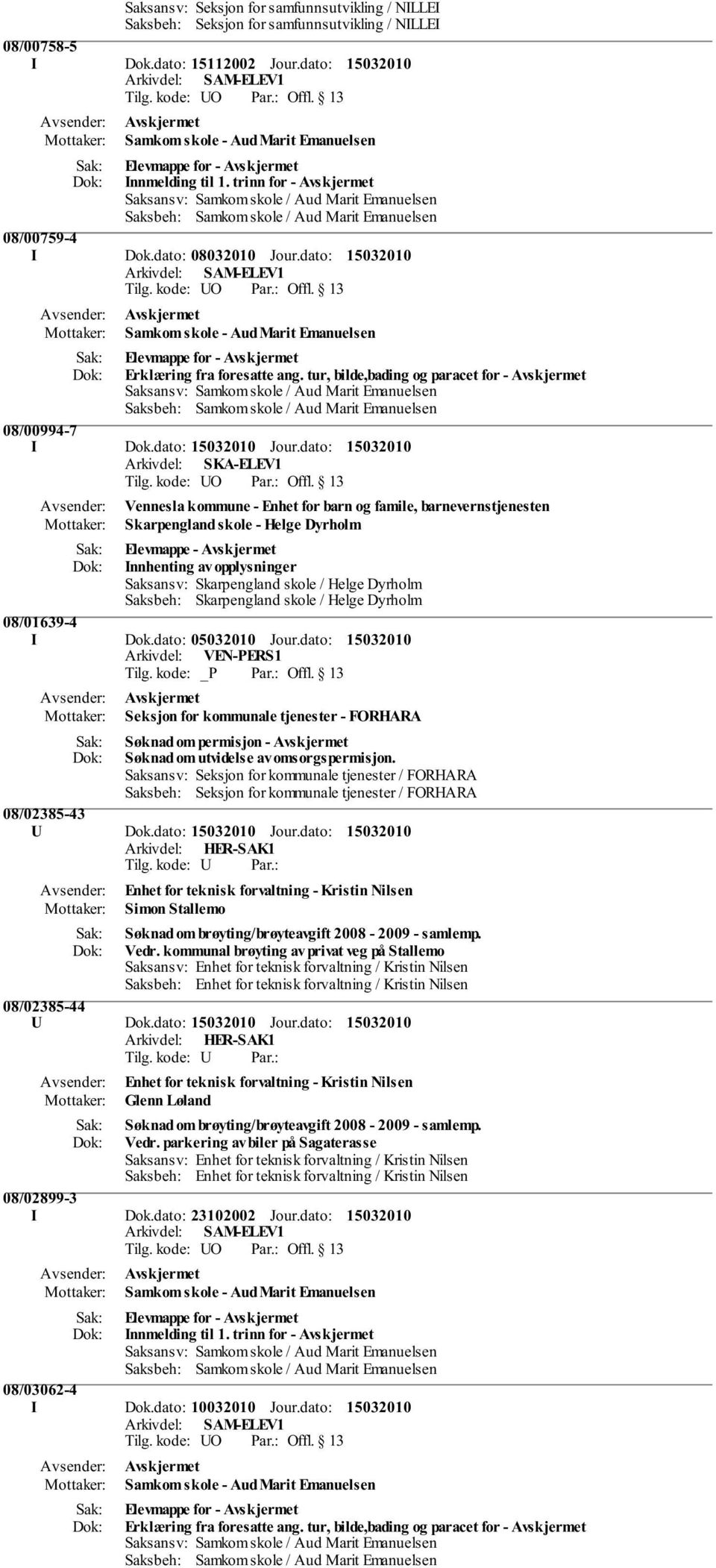 dato: Samkom skole - Aud Marit Emanuelsen Elevmappe for - Erklæring fra foresatte ang. tur, bilde,bading og paracet for - 08/00994-7 I Dok.dato: Jour.