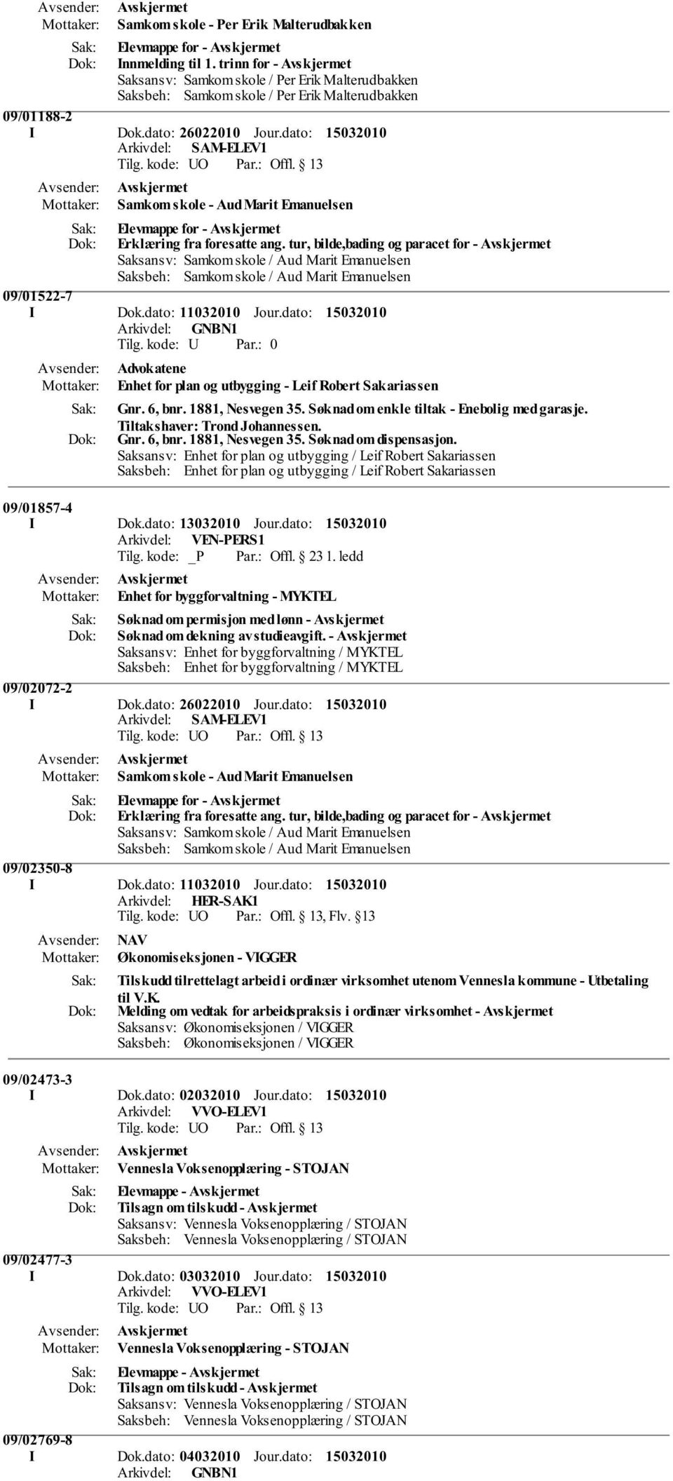 dato: Arkivdel: GNBN1 0 Advokatene Enhet for plan og utbygging - Leif Robert Sakariassen Gnr. 6, bnr. 1881, Nesvegen 35. Søknad om enkle tiltak - Enebolig med garasje. Tiltakshaver: Trond Johannessen.