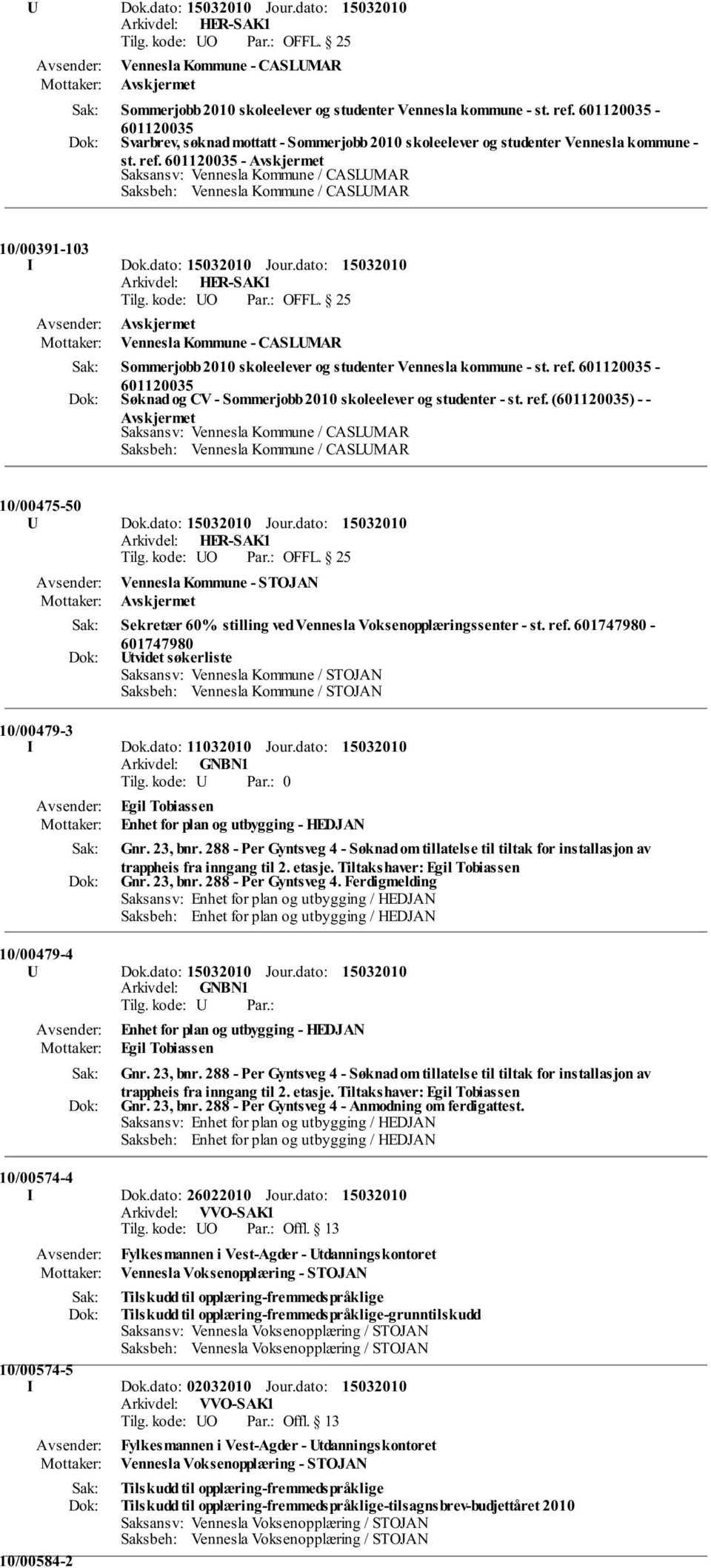 601120035 - Saksansv: Vennesla Kommune / CASLUMAR Saksbeh: Vennesla Kommune / CASLUMAR 10/00391-103 I Dok.dato: Jour.