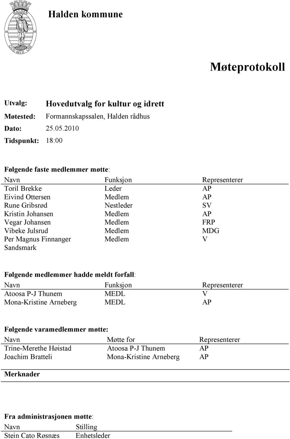 Vegar Johansen Medlem FRP Vibeke Julsrud Medlem MDG Per Magnus Finnanger Sandsmark Medlem V Følgende medlemmer hadde meldt forfall: Navn Funksjon Representerer Atoosa P-J Thunem MEDL V