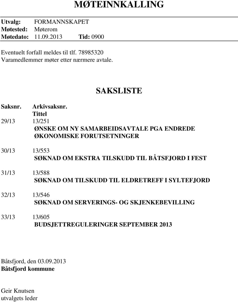 Tittel 29/13 13/251 ØNSKE OM NY SAMARBEIDSAVTALE PGA ENDREDE ØKONOMISKE FORUTSETNINGER 30/13 13/553 SØKNAD OM EKSTRA TILSKUDD TIL BÅTSFJORD I FEST