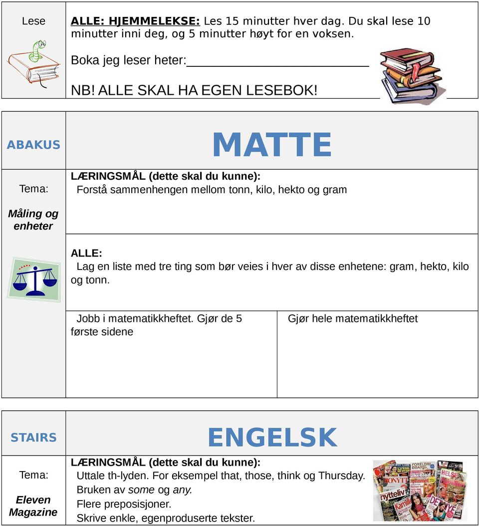 ABAKUS ATTE Forstå sammenhengen mellom tonn, kilo, hekto og gram åling og enheter ALLE: Lag en liste med tre ting som bør veies i hver av disse