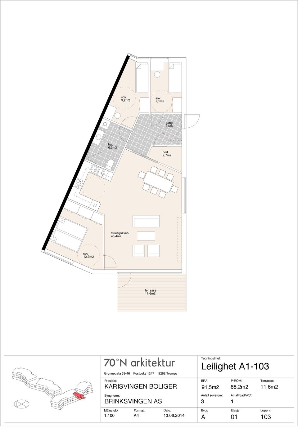 12,3m2 11,6m2 herre: Leilighet A1-103 91,5m2