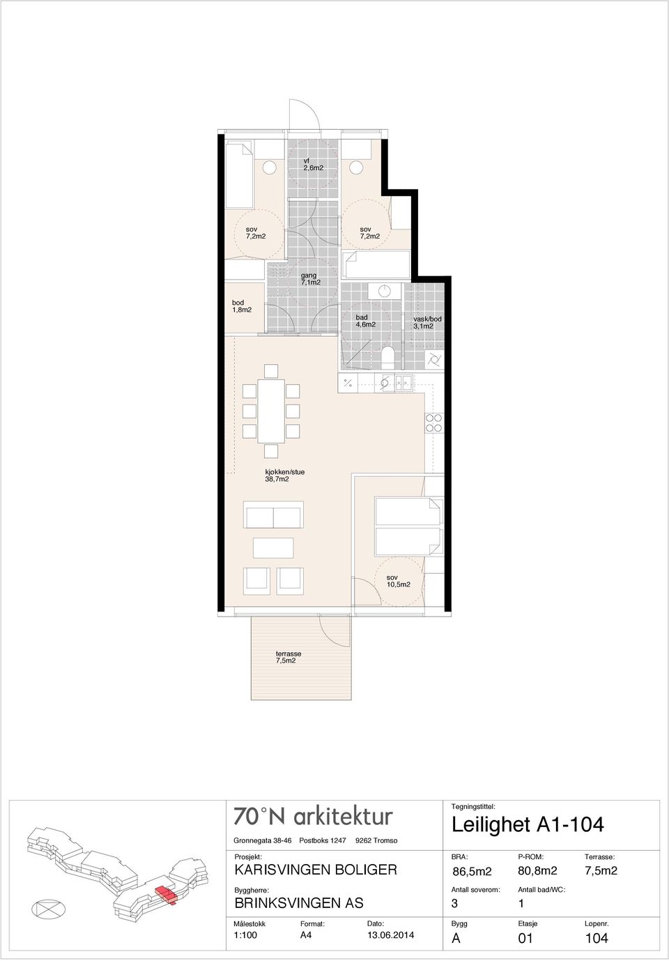 10,5m2 7,5m2 herre: Leilighet A1-104 86,5m2