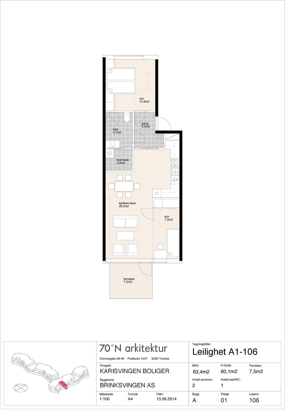 7,5m2 herre: Leilighet A1-106 63,4m2