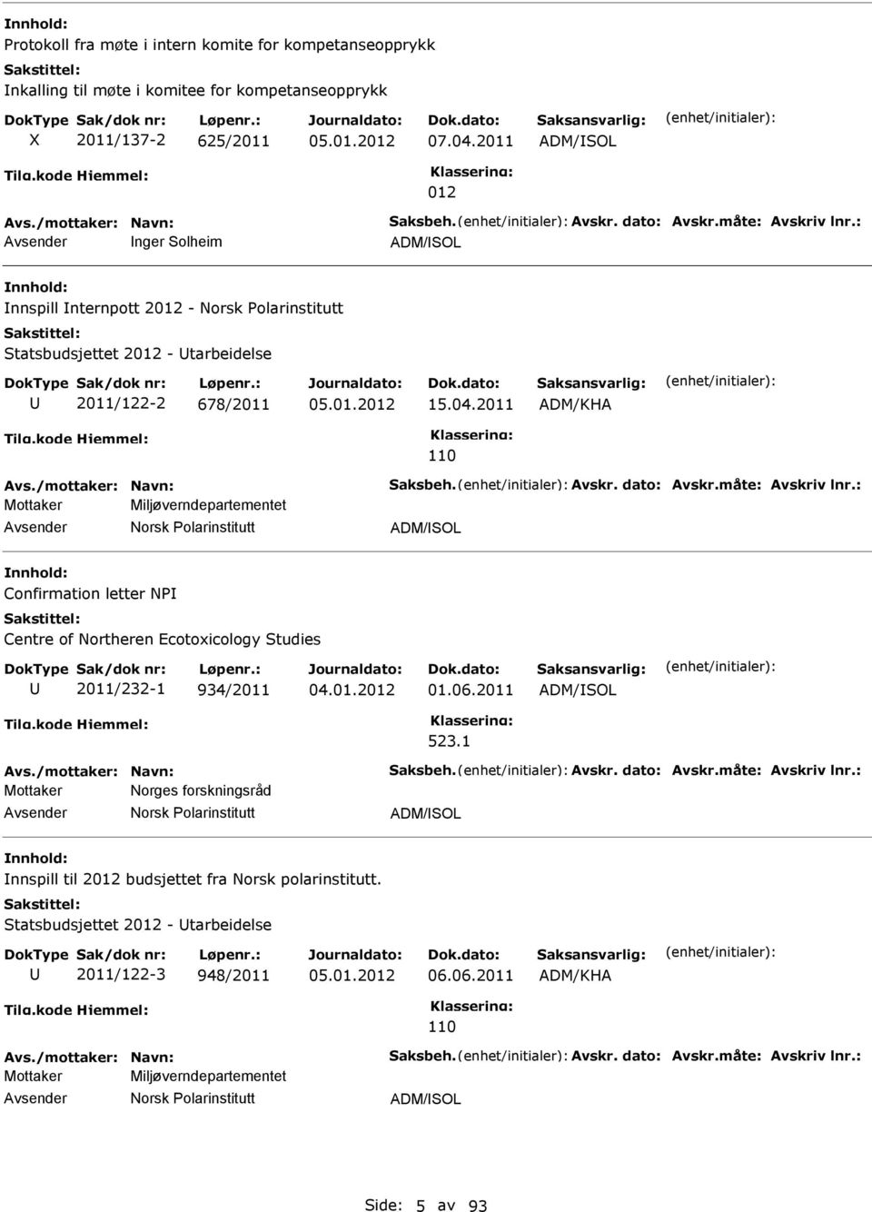 måte: Avskriv lnr.: Mottaker Miljøverndepartementet Norsk olarinstitutt ADM/SOL Confirmation letter N Centre of Northeren Ecotoxicology Studies 2011/232-1 934/2011 04.01.2012 01.06.2011 ADM/SOL 523.