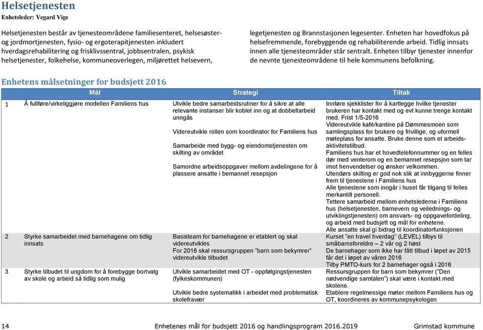 Enheten har hovedfokus på helsefremmende, forebyggende og rehabiliterende arbeid. Tidlig innsats innen alle tjenesteområder står sentralt.