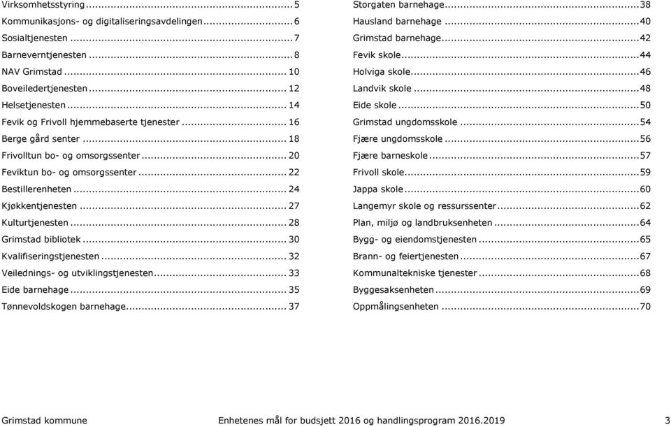 .. 27 Kulturtjenesten... 28 Grimstad bibliotek... 30 Kvalifiseringstjenesten... 32 Veilednings- og utviklingstjenesten... 33 Eide barnehage... 35 Tønnevoldskogen barnehage... 37 Storgaten barnehage.