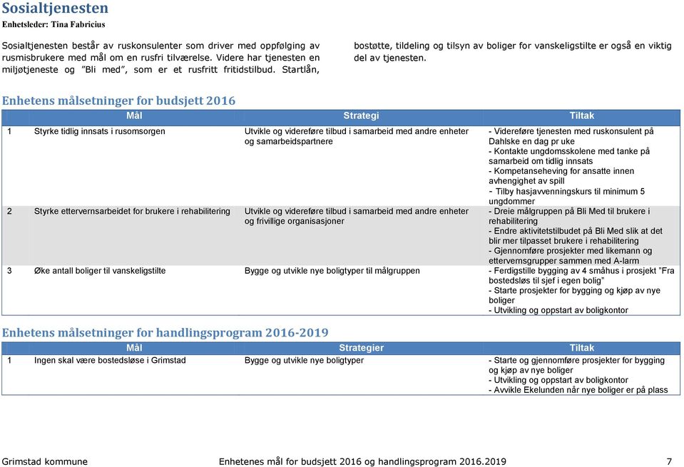 Enhetens målsetninger for budsjett 2016 1 Styrke tidlig innsats i rusomsorgen Utvikle og videreføre tilbud i samarbeid med andre enheter og samarbeidspartnere 2 Styrke ettervernsarbeidet for brukere