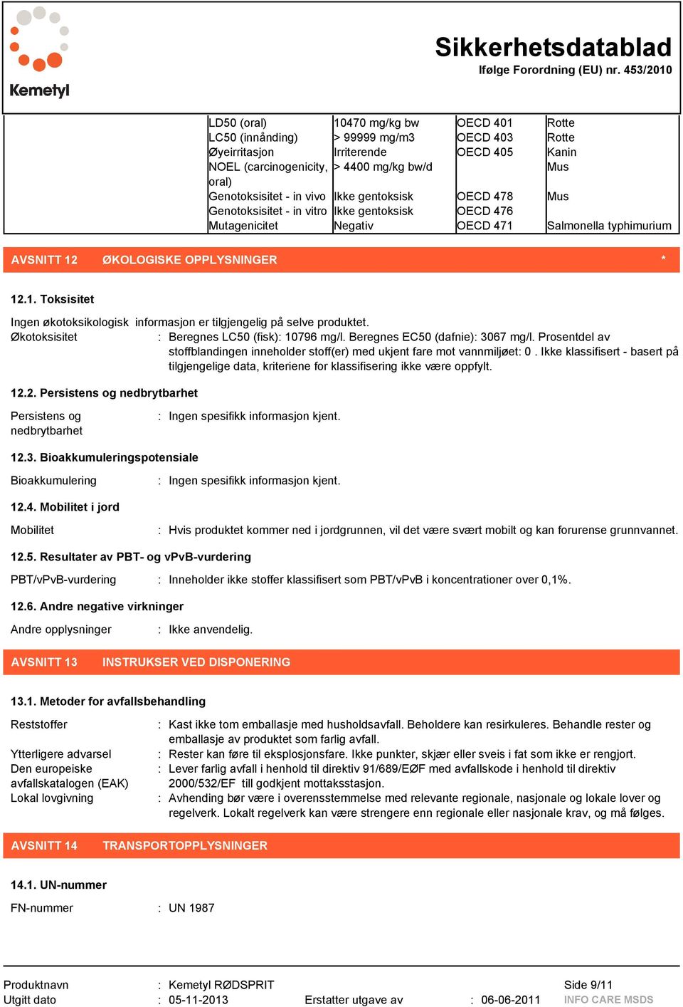 Økotoksisitet : Beregnes LC50 (fisk): 10796 mg/l. Beregnes EC50 (dafnie): 3067 mg/l. Prosentdel av stoffblandingen inneholder stoff(er) med ukjent fare mot vannmiljøet: 0.