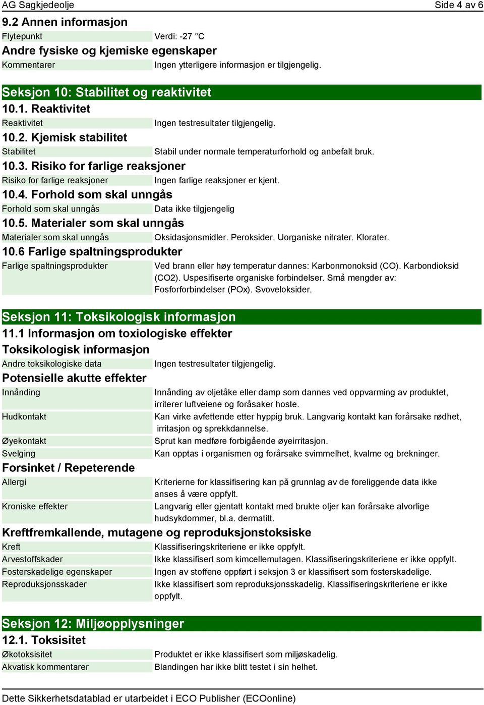 Risiko for farlige reaksjoner Risiko for farlige reaksjoner Ingen farlige reaksjoner er kjent. 10.4. Forhold som skal unngås Forhold som skal unngås Data ikke tilgjengelig 10.5.