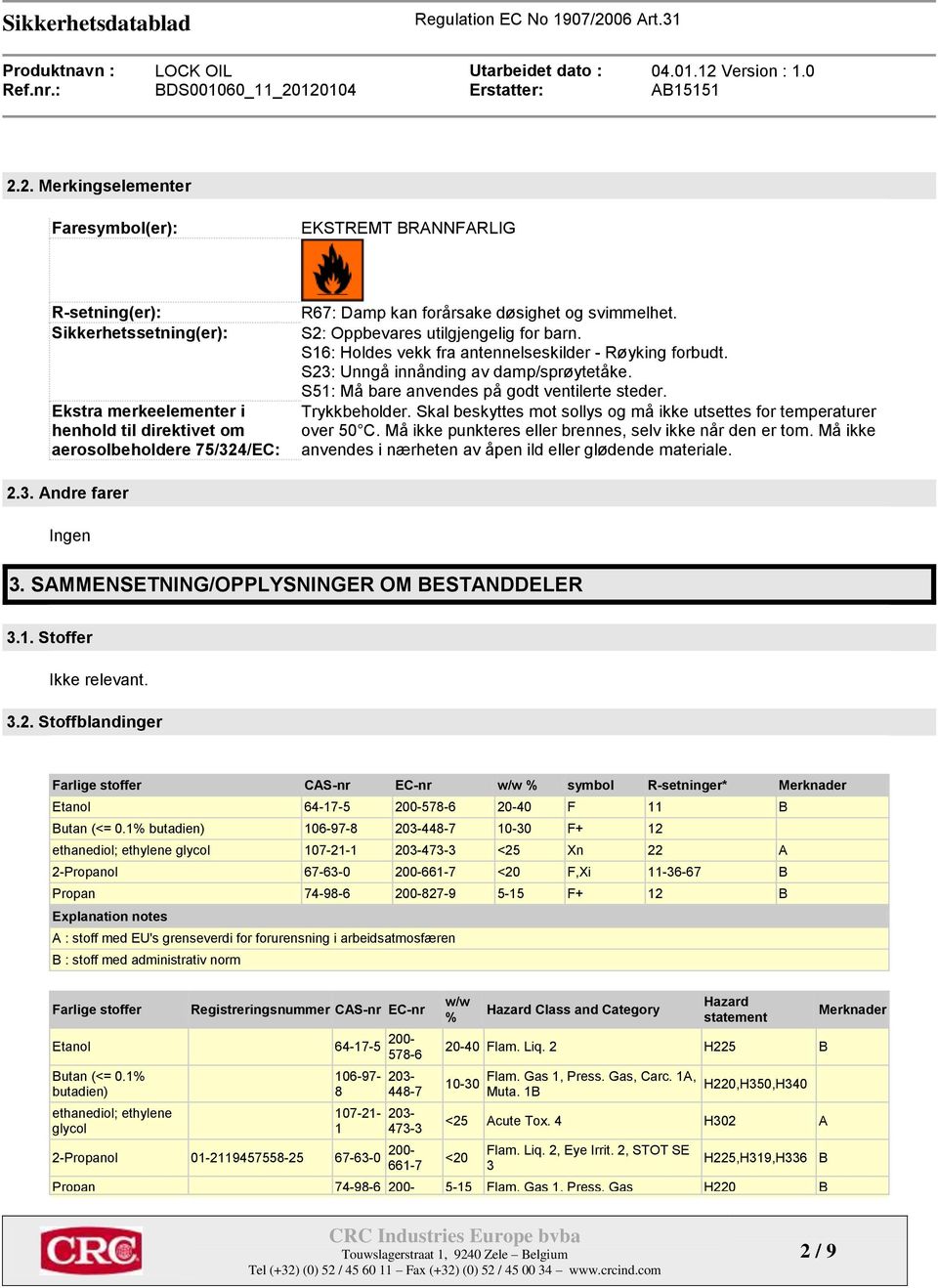 S51: Må bare anvendes på godt ventilerte steder. Trykkbeholder. Skal beskyttes mot sollys og må ikke utsettes for temperaturer over 50 C. Må ikke punkteres eller brennes, selv ikke når den er tom.