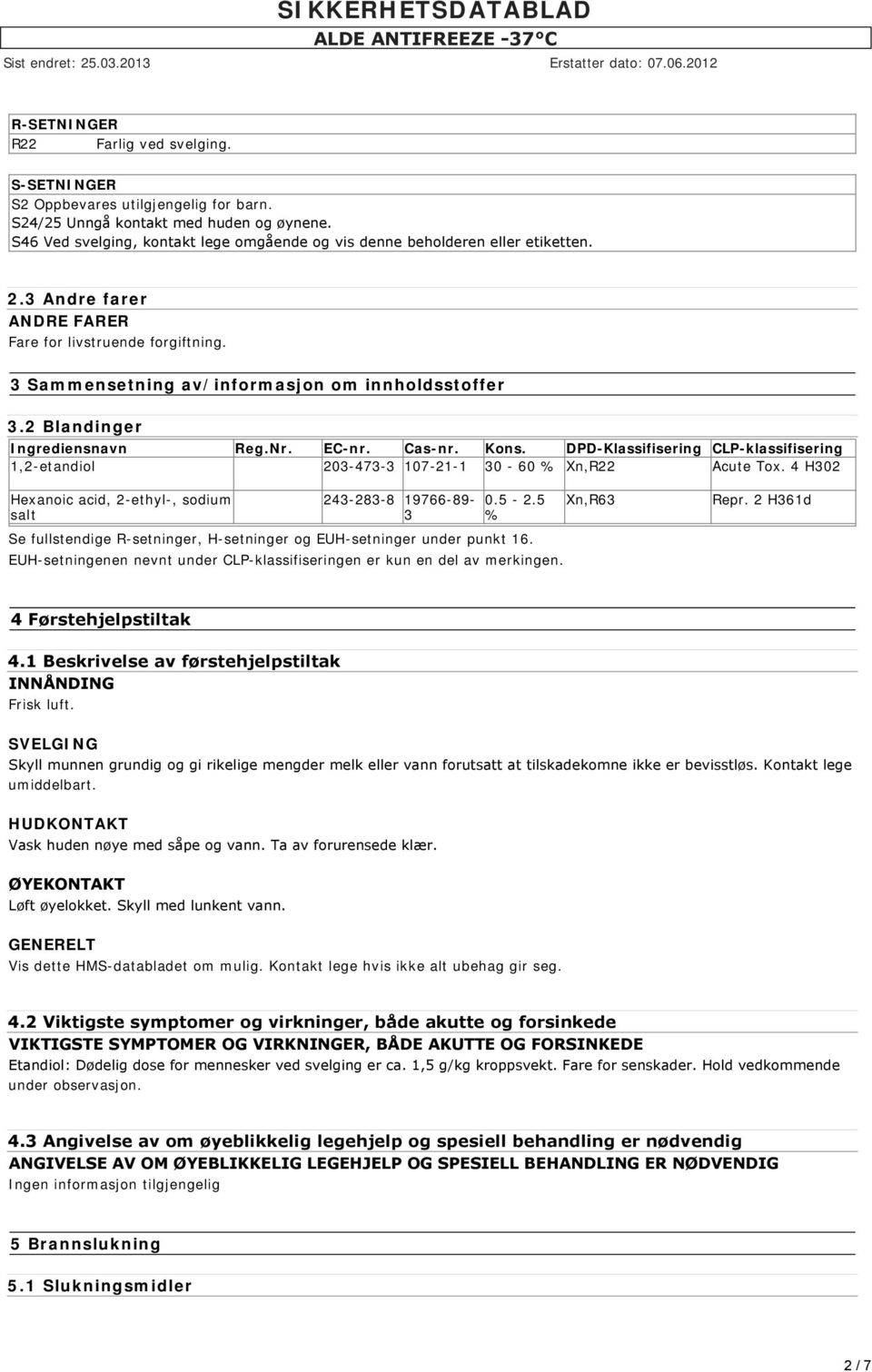 2 Blandinger Ingrediensnavn Reg.Nr. EC-nr. Cas-nr. Kons. DPD-Klassifisering CLP-klassifisering 1,2-etandiol 203-473-3 107-21-1 30-60 % Xn,R22 Acute Tox.