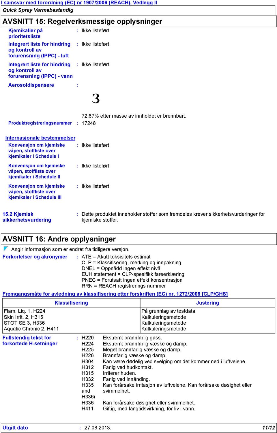 Produktregistreringsnummer 17248 Internasjonale bestemmelser Konvensjon om kjemiske Ikke listeført våpen, stoffliste over kjemikaler i Schedule I Konvensjon om kjemiske våpen, stoffliste over