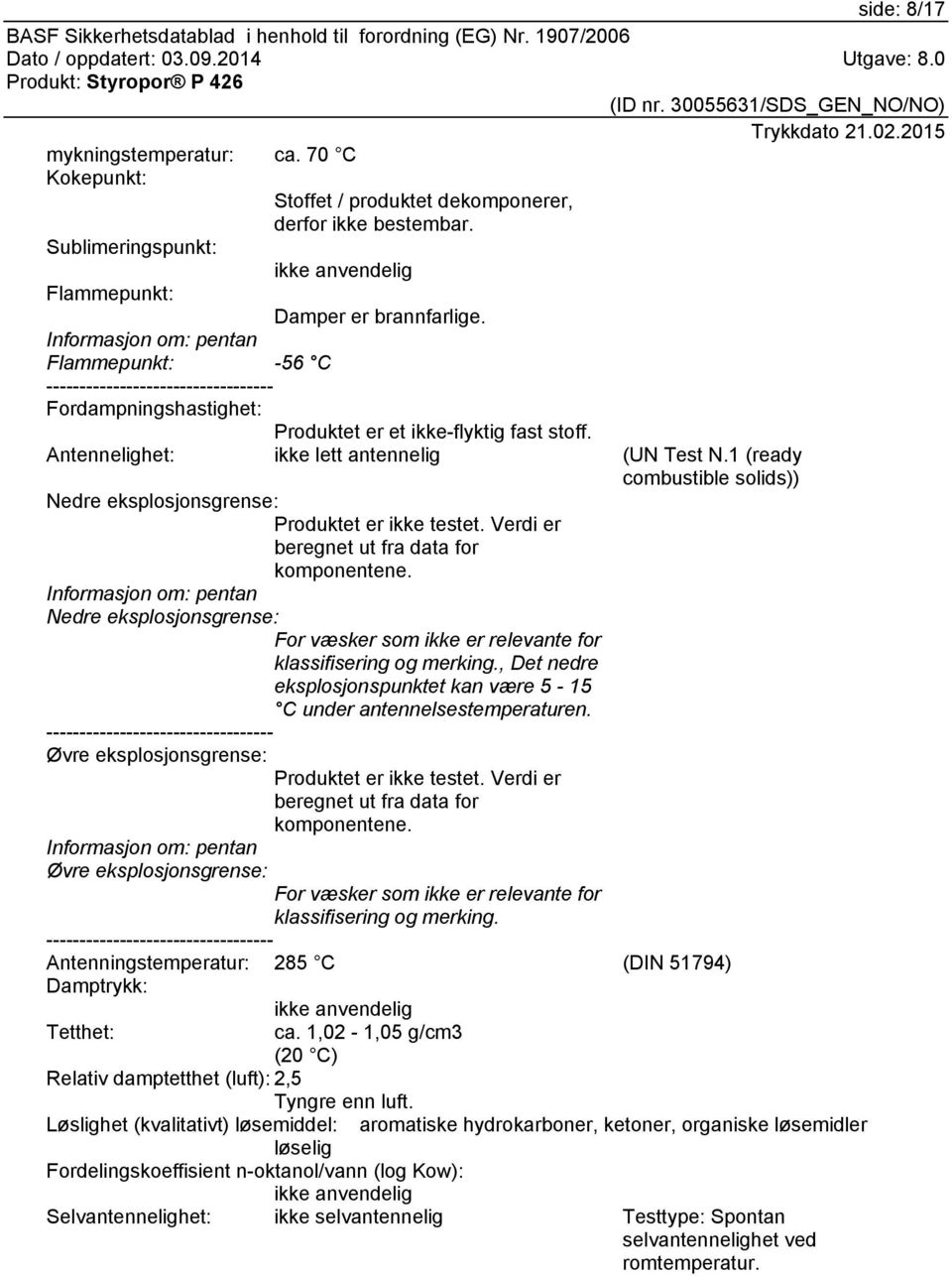 1 (ready combustible solids)) Nedre eksplosjonsgrense: Produktet er ikke testet. Verdi er beregnet ut fra data for komponentene.