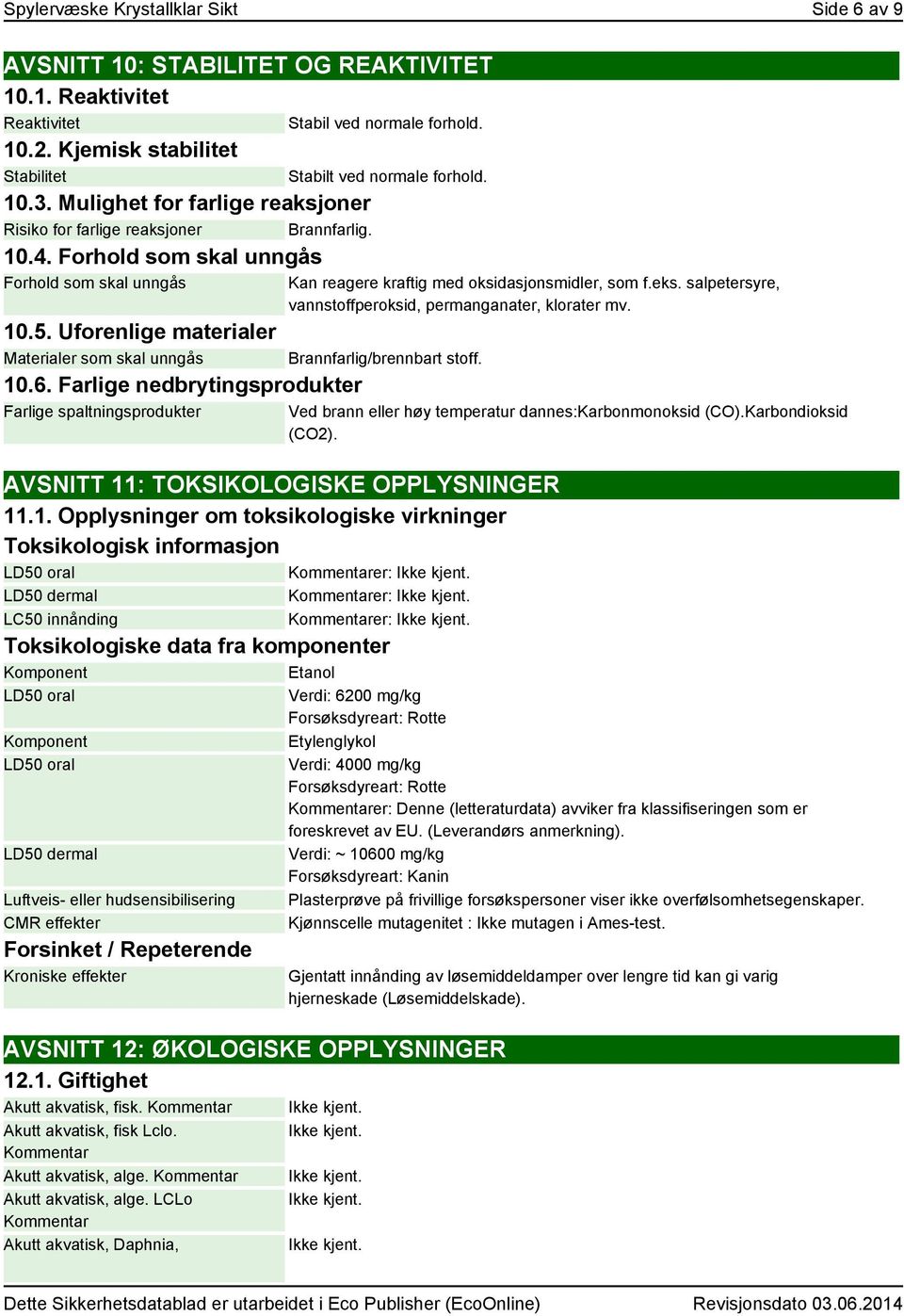 Uforenlige materialer Materialer som skal unngås 10.6. Farlige nedbrytingsprodukter Farlige spaltningsprodukter Kan reagere kraftig med oksidasjonsmidler, som f.eks.