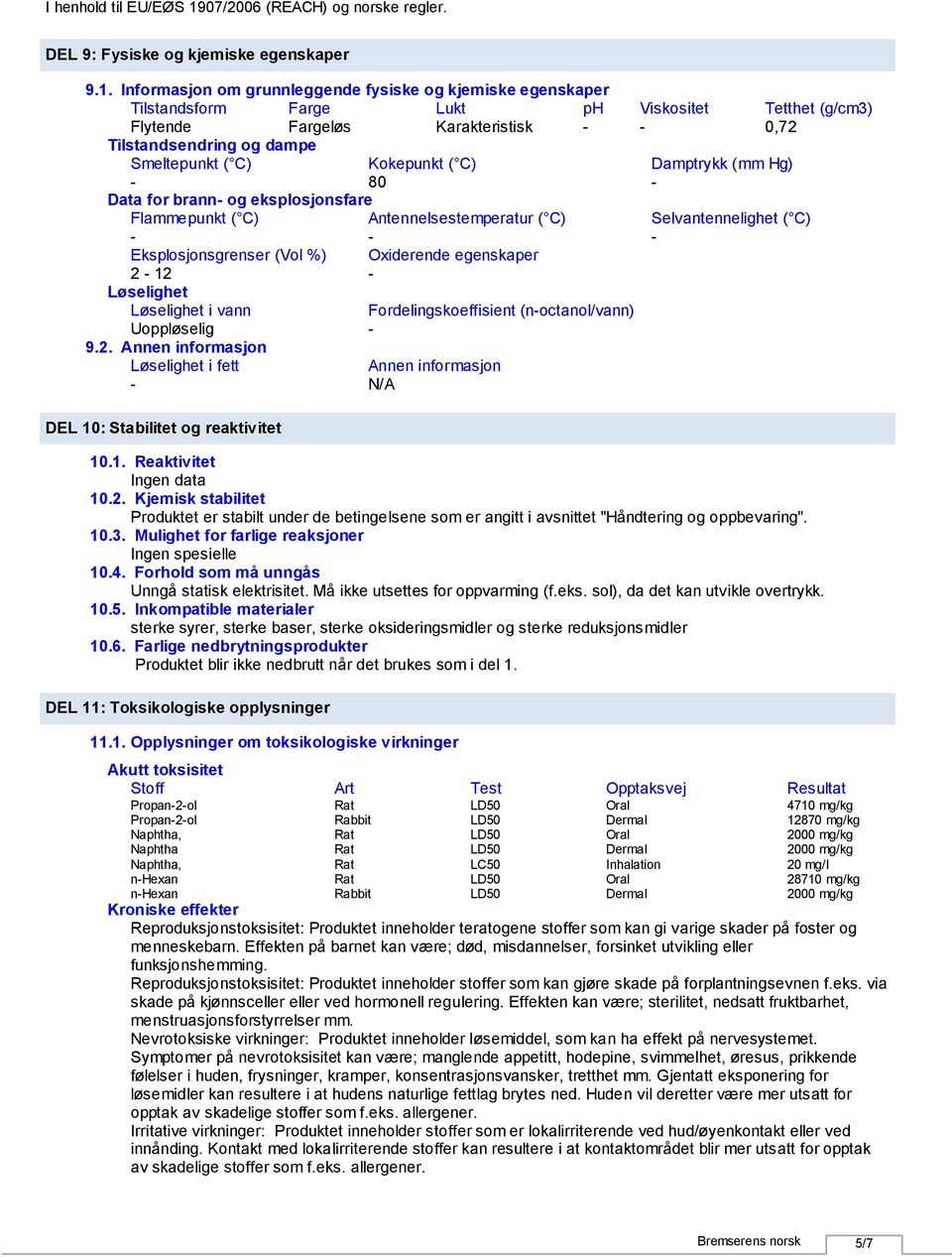 Kokepunkt ( C) Damptrykk (mm Hg) 80 Data for brann og eksplosjonsfare Flammepunkt ( C) Antennelsestemperatur ( C) Selvantennelighet ( C) Eksplosjonsgrenser (Vol %) Oxiderende egenskaper 2 12