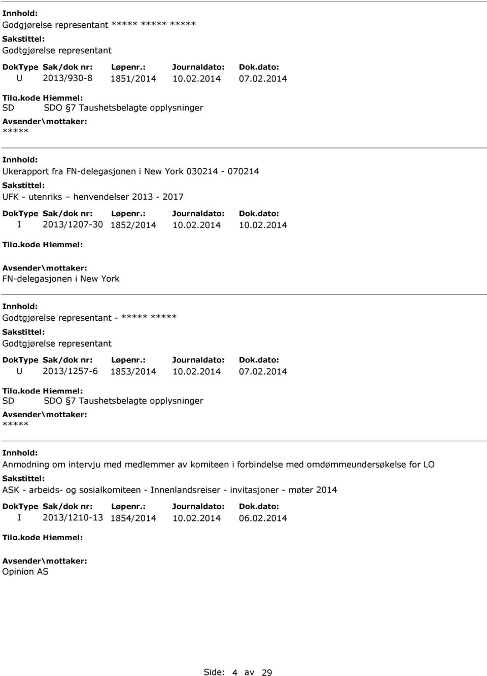 Godtgjørelse representant 2013/1257-6 1853/2014 O 7 Taushetsbelagte opplysninger Anmodning om intervju med medlemmer av komiteen i forbindelse