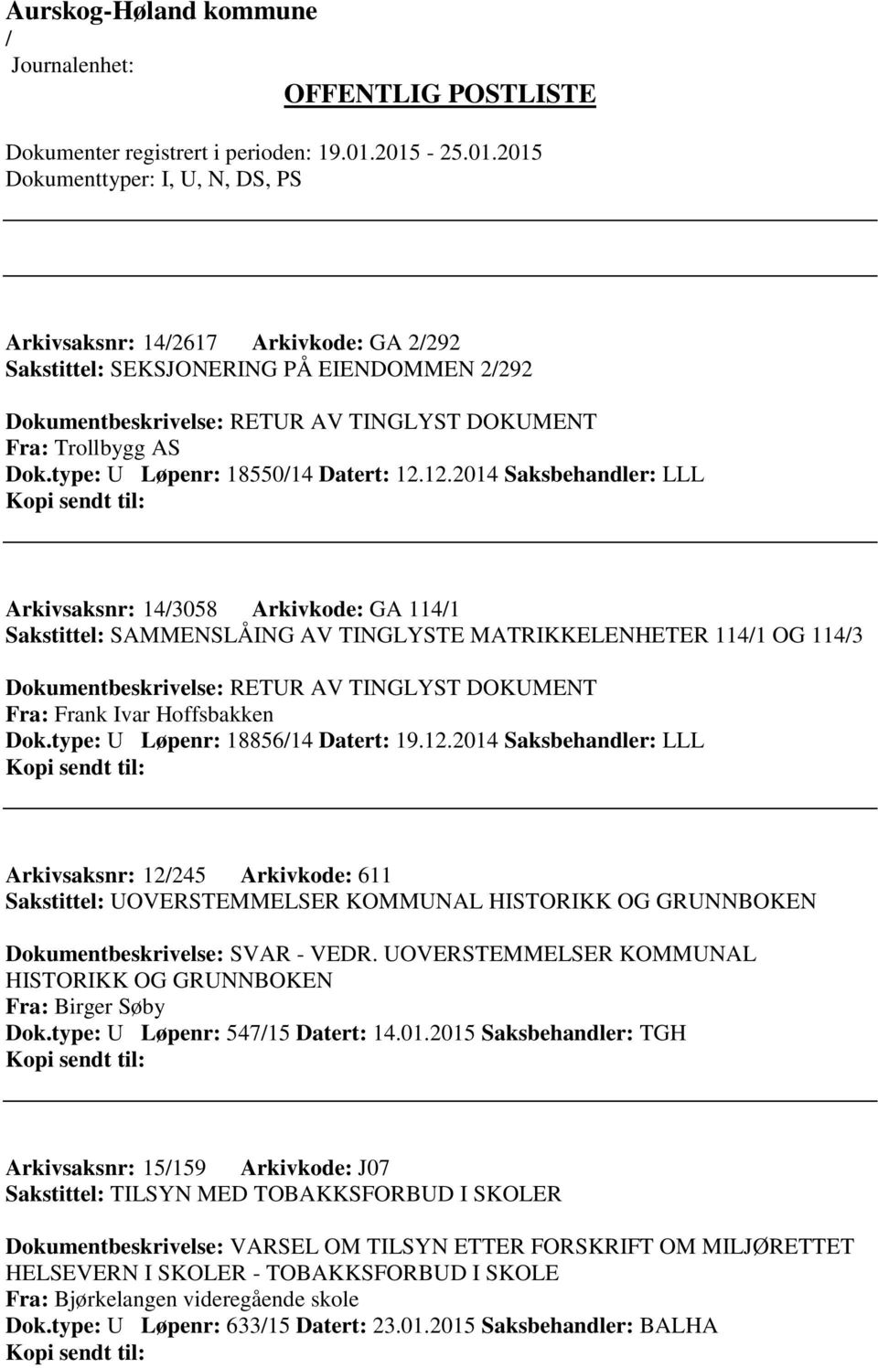 Hoffsbakken Dok.type: U Løpenr: 1885614 Datert: 19.12.